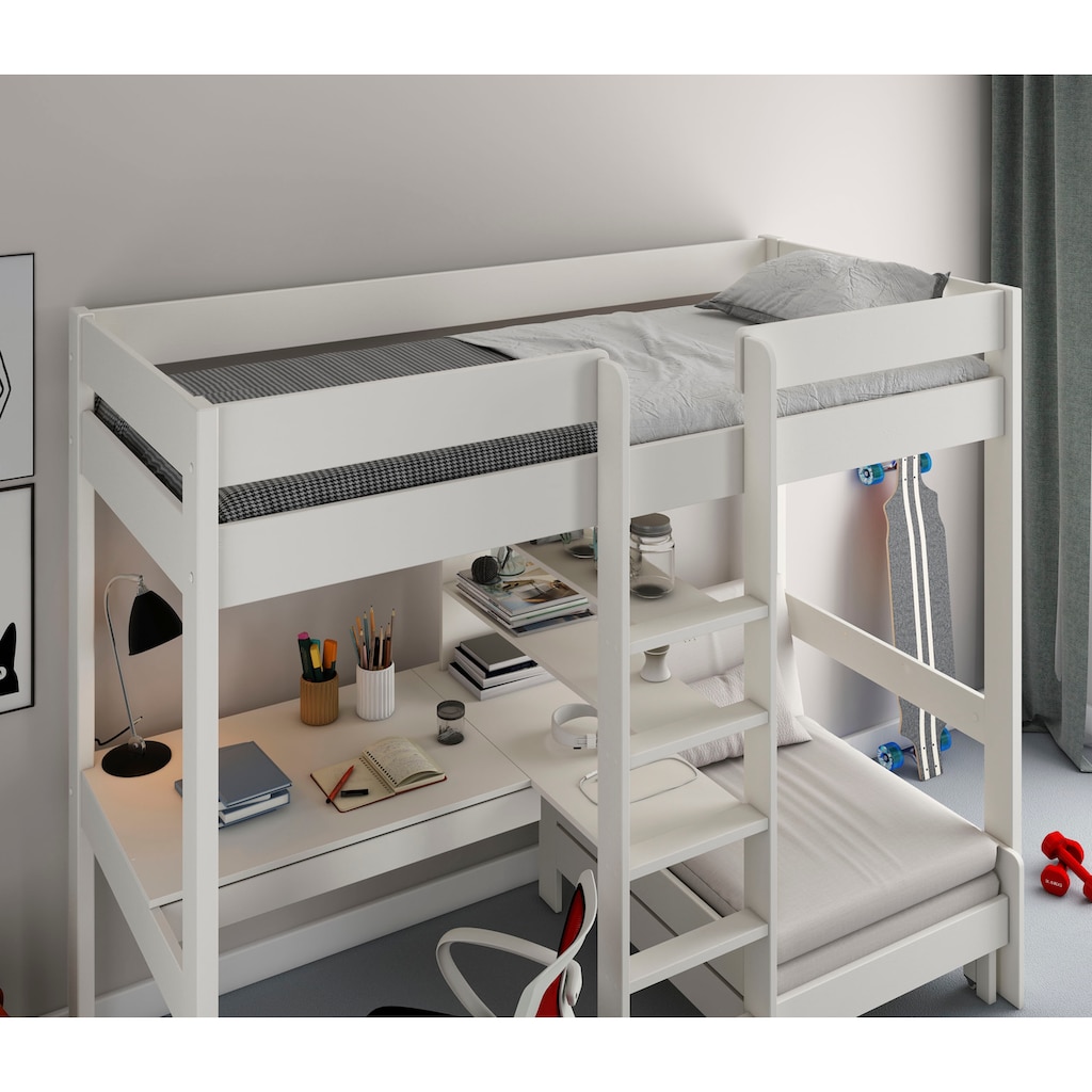 Lüttenhütt Hochbett »Stockbett "ROBIN " zertifiziertes Massivholz«, mit Schreibtisch und Regalen