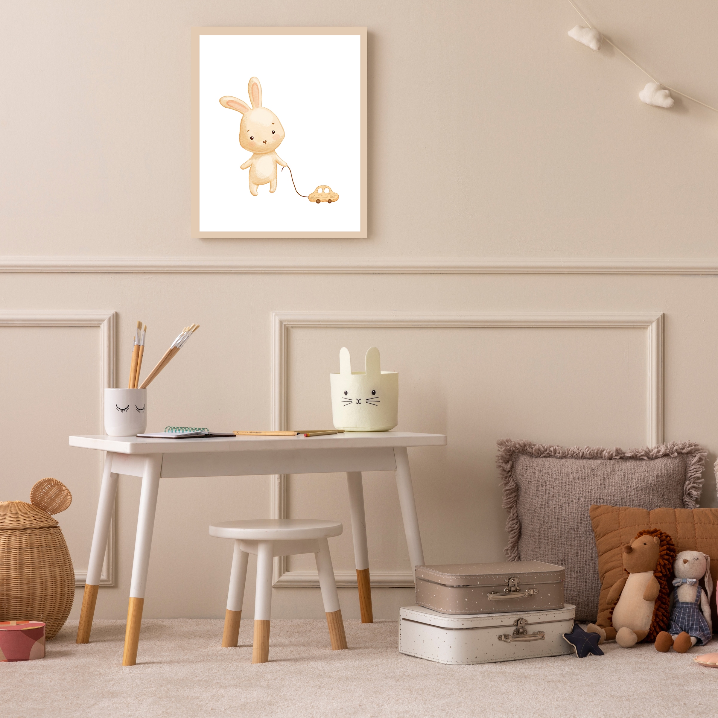 Lüttenhütt Bild mit Rahmen "oder Poster, Hase mit Spielzeugauto", Fahrzeuge günstig online kaufen