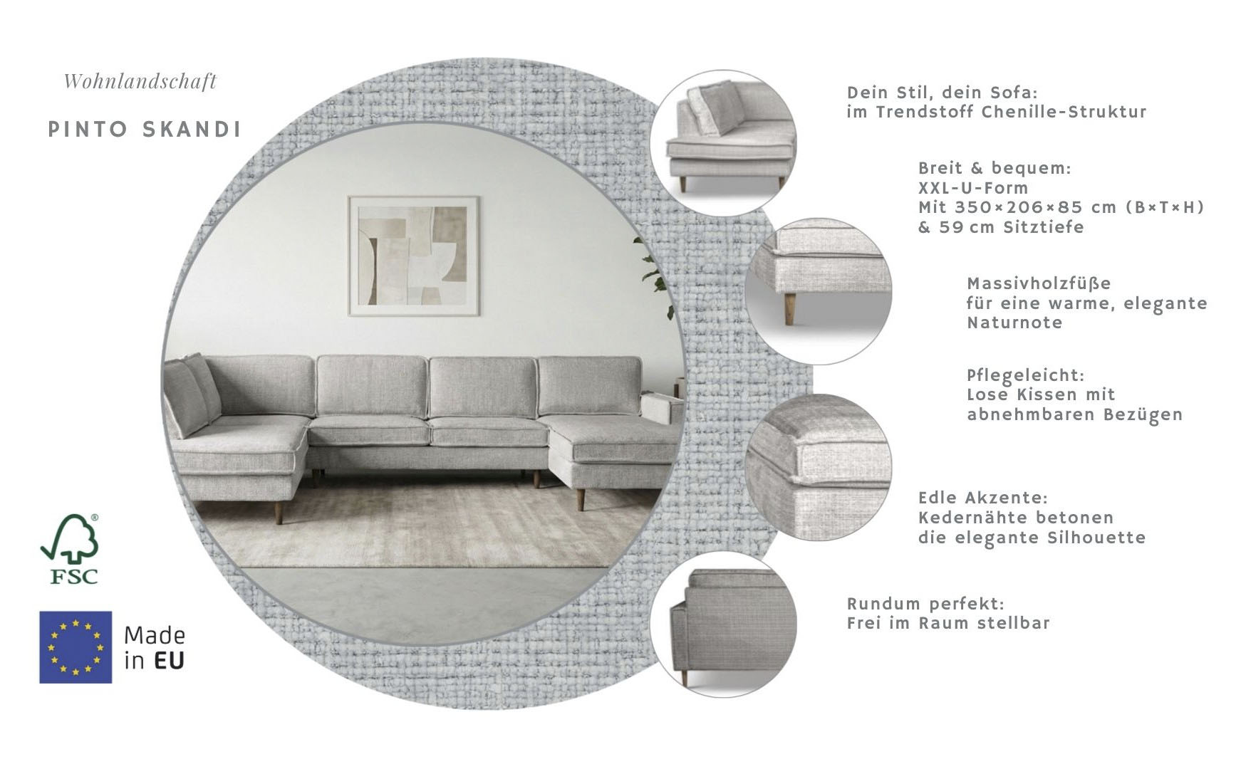 Thumbnail - Home affaire Wohnlandschaft "Pinto Skandi, 350 cm, U-Form, XXL, mit Ottomanen" mit Keder, Massivholzfüße Eiche geräucher...