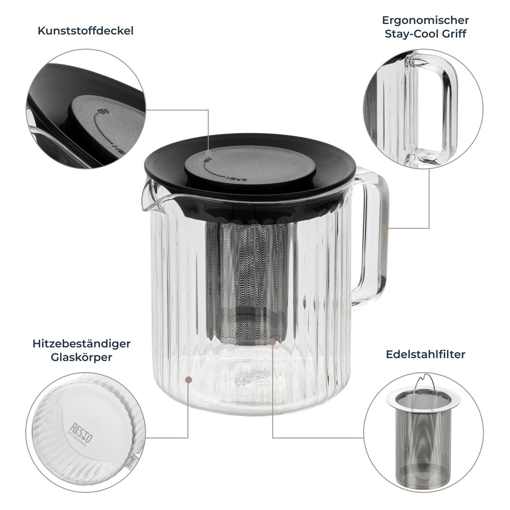 RESTO Kitchenware Teekanne »Ain, hitzebeständige Glaskanne im 3D Design, Höhe ca. 13 cm«, 1 l, (4 St.), mit herausnehmbarem Filtersieb aus Edelstahl, im Geschenkkarton