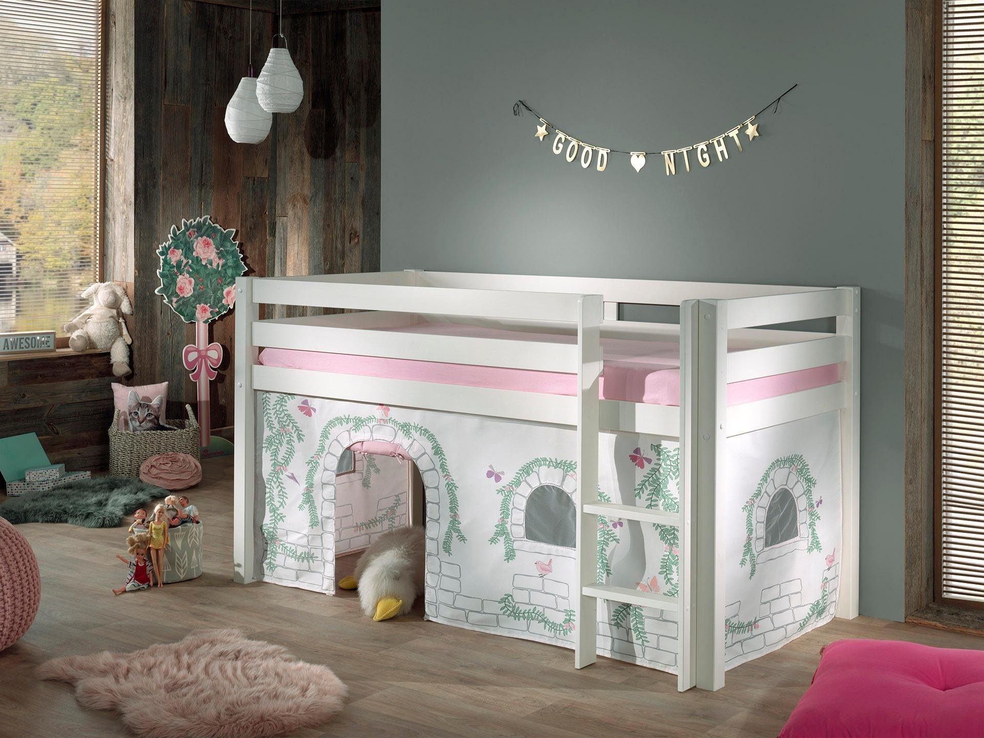 Vipack pino lit sureleve en pin massif avec sommier blanc + rideau de lit birdy