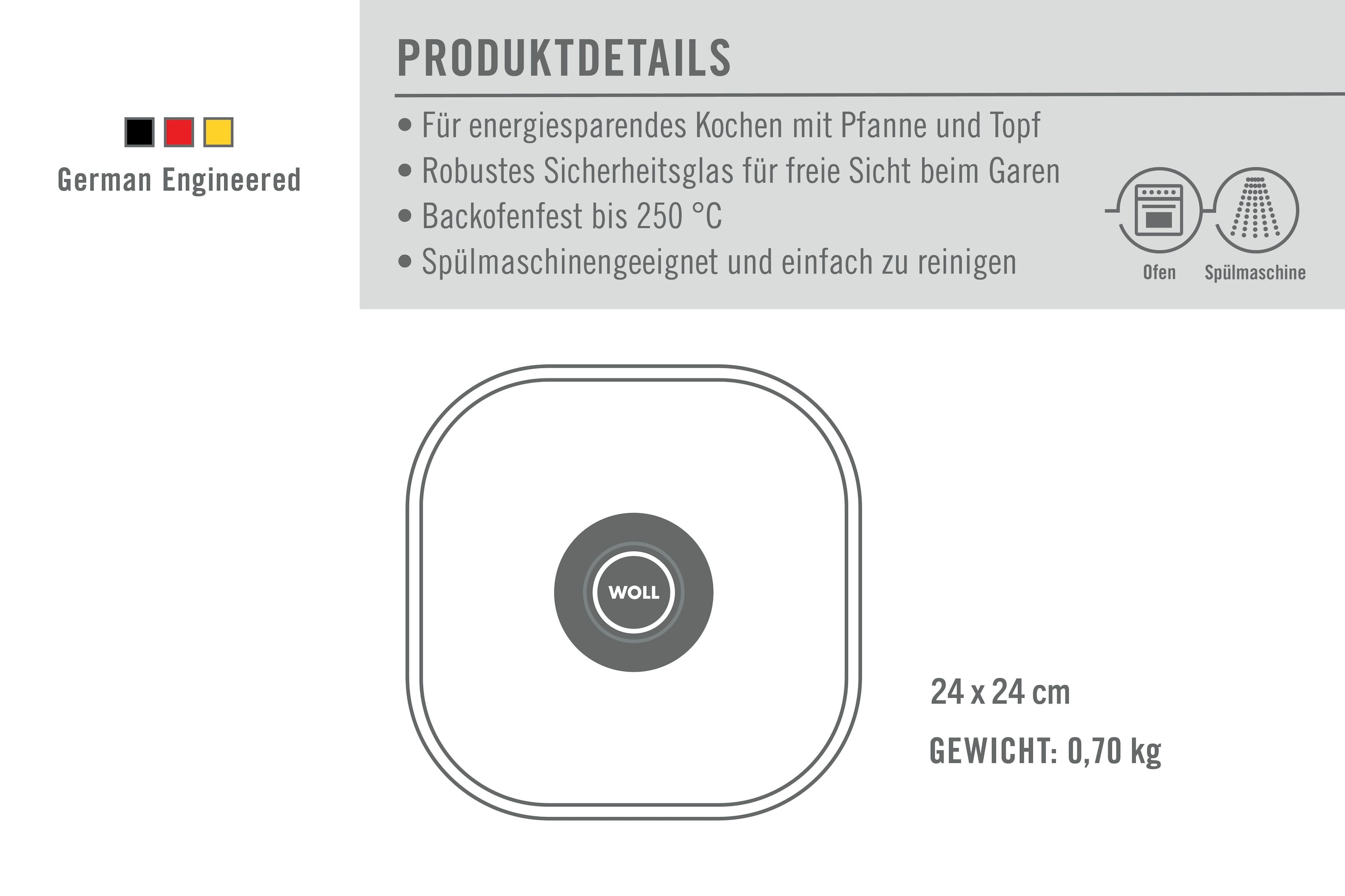 WOLL »WOLL Eco Logic Sicherheitsglasdeckel, viereckig« Hitzebeständig, Spülmaschinengeeignet, für Pfannen und Töpfe