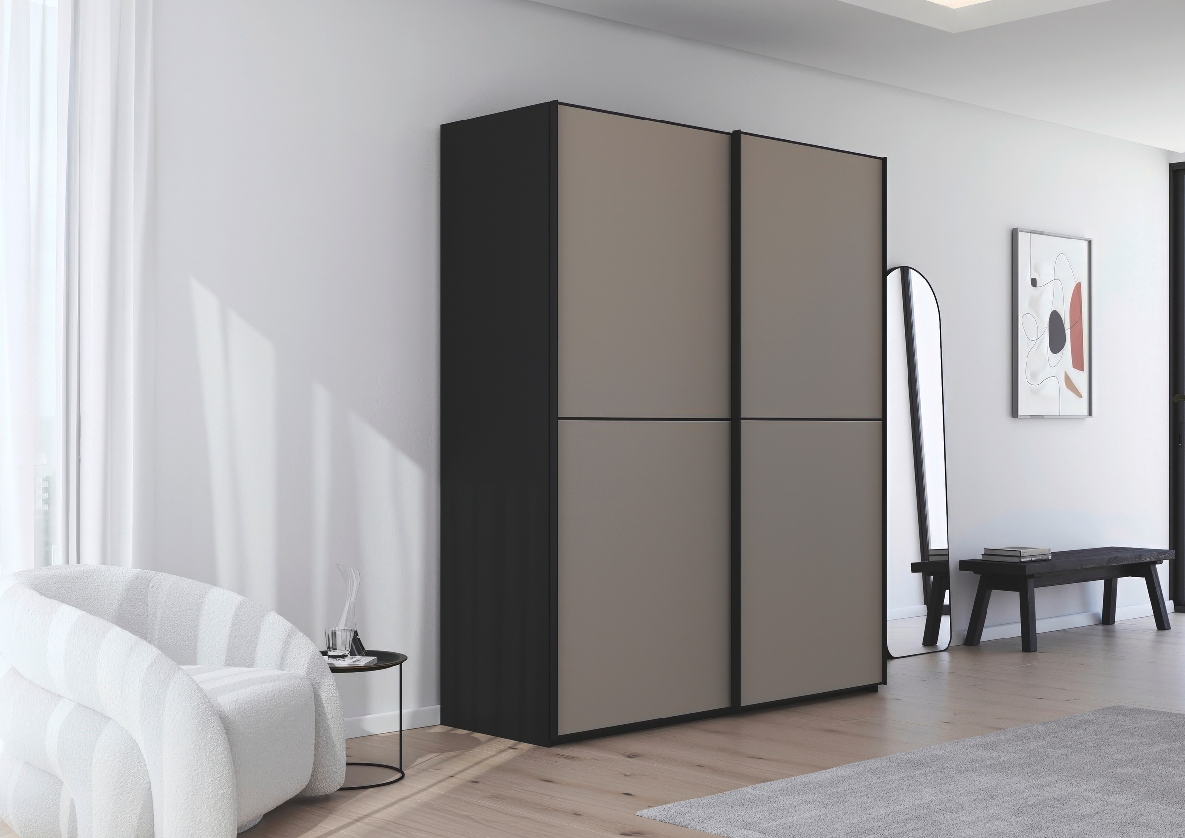 rauch Schwebetürenschrank »Kleiderschrank Schrank Garderobe Schlafzimmerschrank SCALE-DUO«, edle zweigeteilte Türen Glas-Front mit 3 Zierleisten MADE IN GERMANY