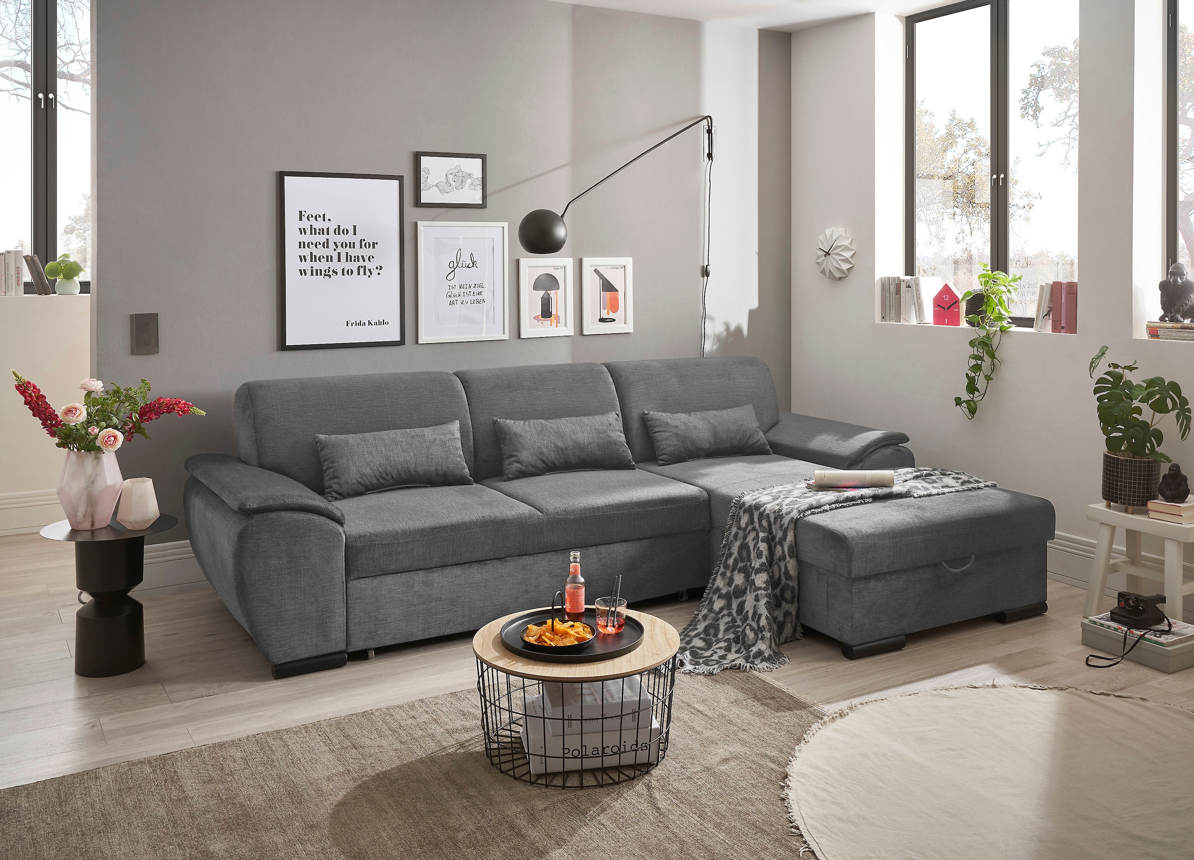 ED EXCITING DESIGN Ecksofa »Tampa L-Form«, frei im Raum stellbar, mit Bettkasten, Schlaffunktion, 3 Nierenkissen