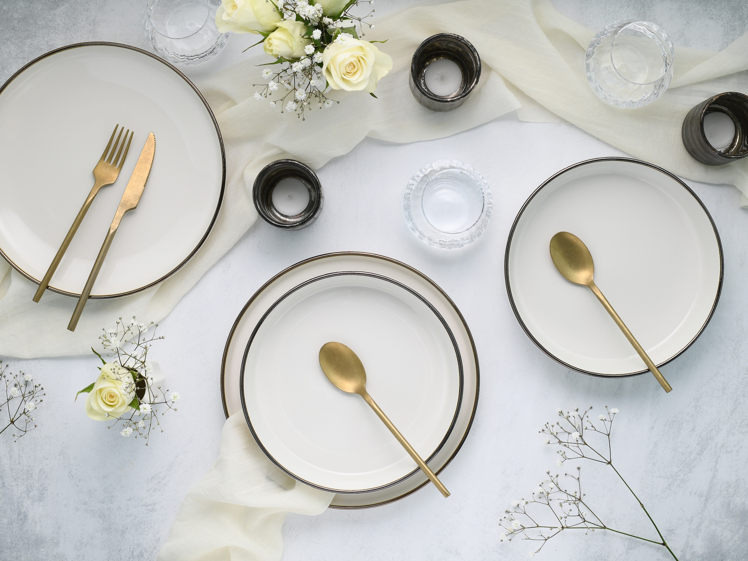 CreaTable Tafelservice »Nordic Festive, Service 12-tlg.« Minimalistisches Design, Dezente goldene Akzente