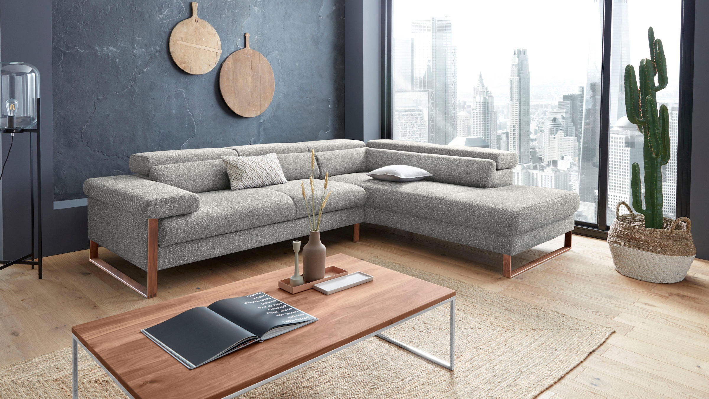 W.SCHILLIG Ecksofa "finn, Designsofa mit tollem Sitzkomfort, bequem, L-Form" German Design Award 2016, Fußgestell Nussbaum natur, Breite 281 cm