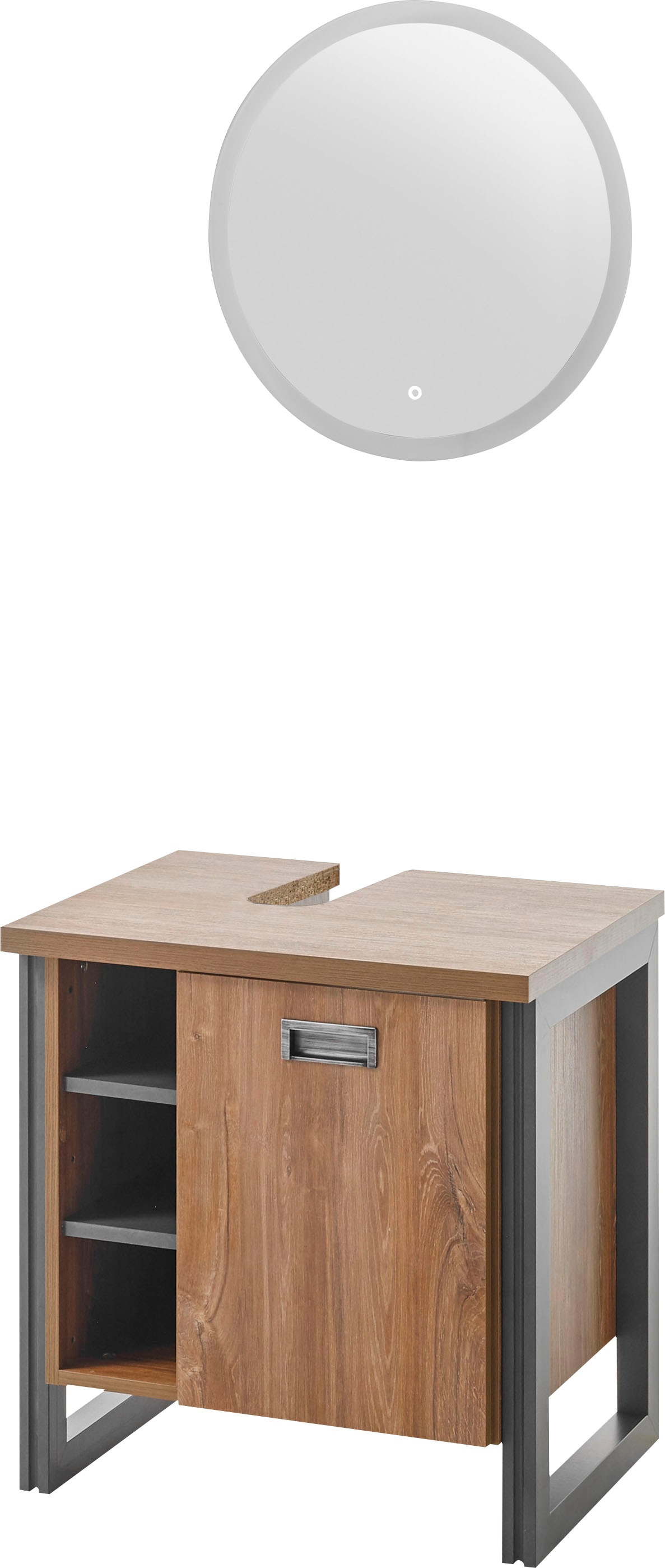 Home affaire Badmöbel-Set »Detroit, Bad im Industrialdesign, inkl. LED, 2-teiliges Badezimmer«, (2 St.), Unterschrank mit offenen Fächern & Stauraum, holzfarben, Rundspiegel