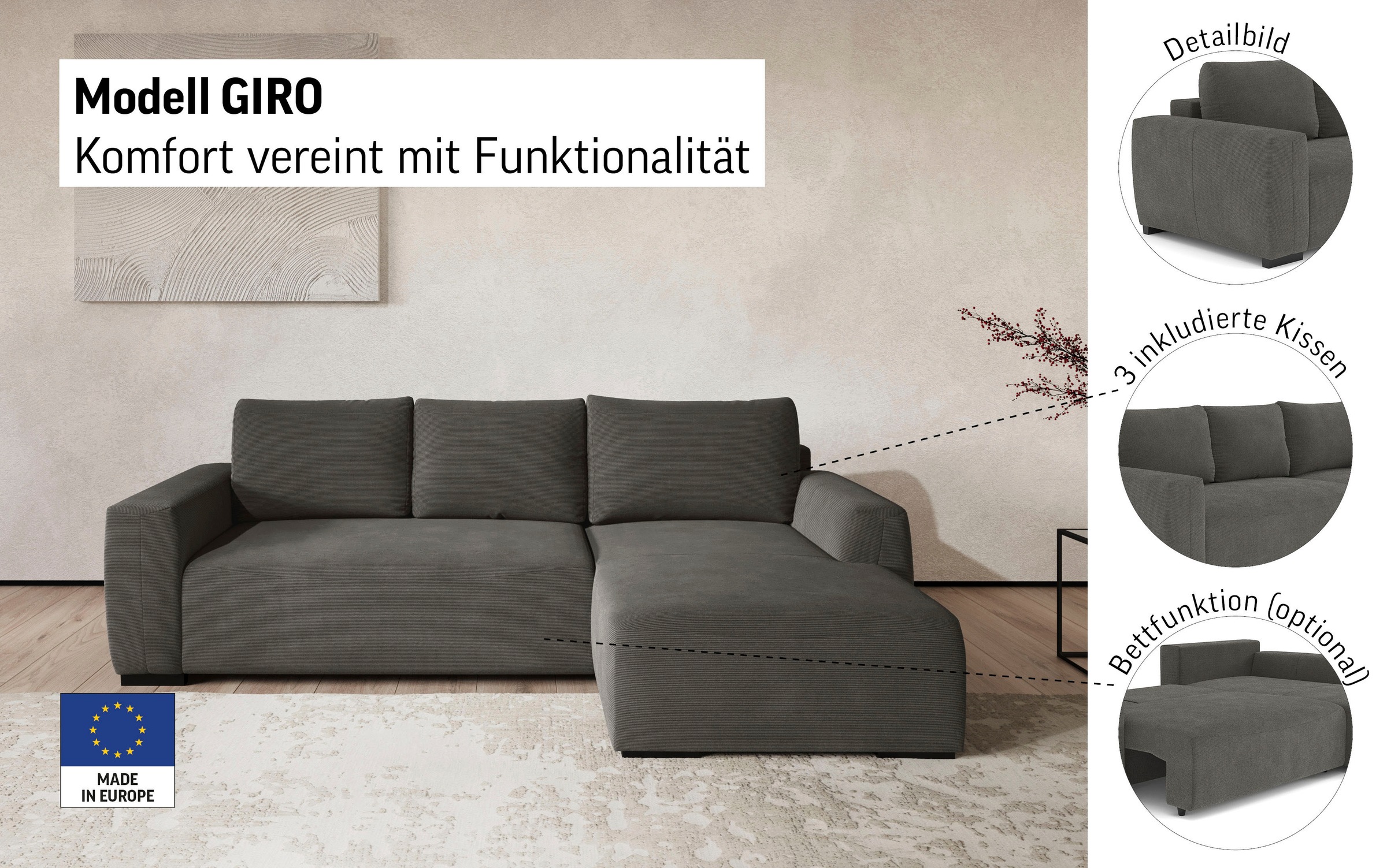 Thumbnail - COTTA Ecksofa "Giro L-Form, Recamiere, Breite 252 cm" wahlweise mit Bettkasten und Trendbezug CORD