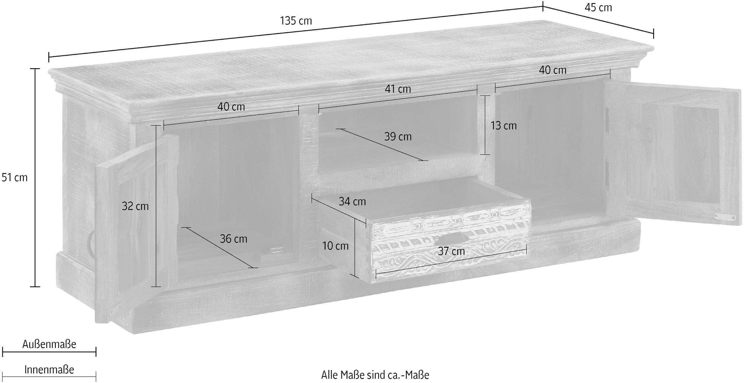 Home affaire Lowboard »Maneesh«, Kommode aus massivem Mangoholz und Stauraummöglichkeiten, Breite 135cm
