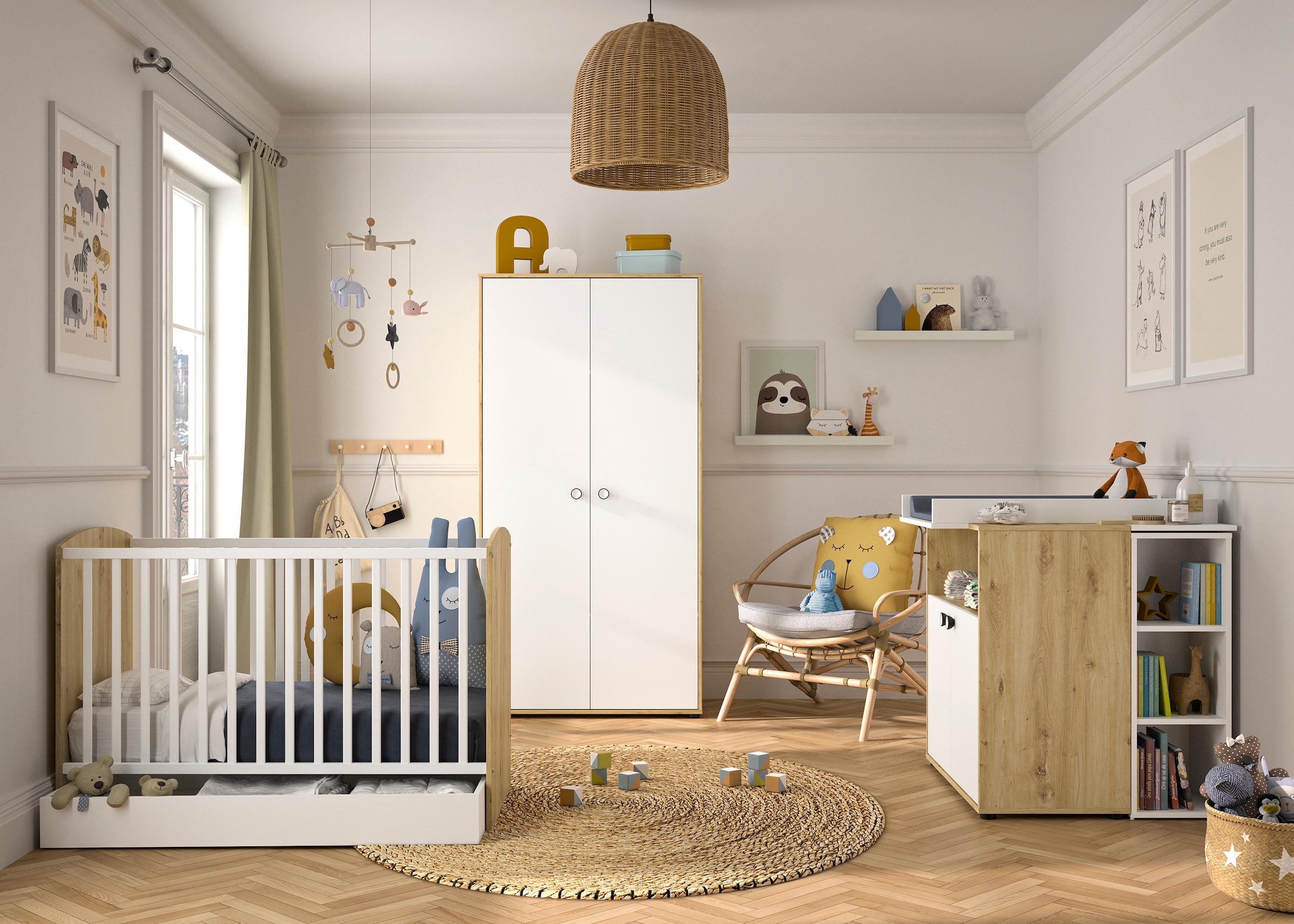 Galipette Babyzimmer-Komplettset "Arthur", (6 tlg., mit Schrank, Bett mit Schubl, Wickelkommode, Wickelaufsatz und Regal