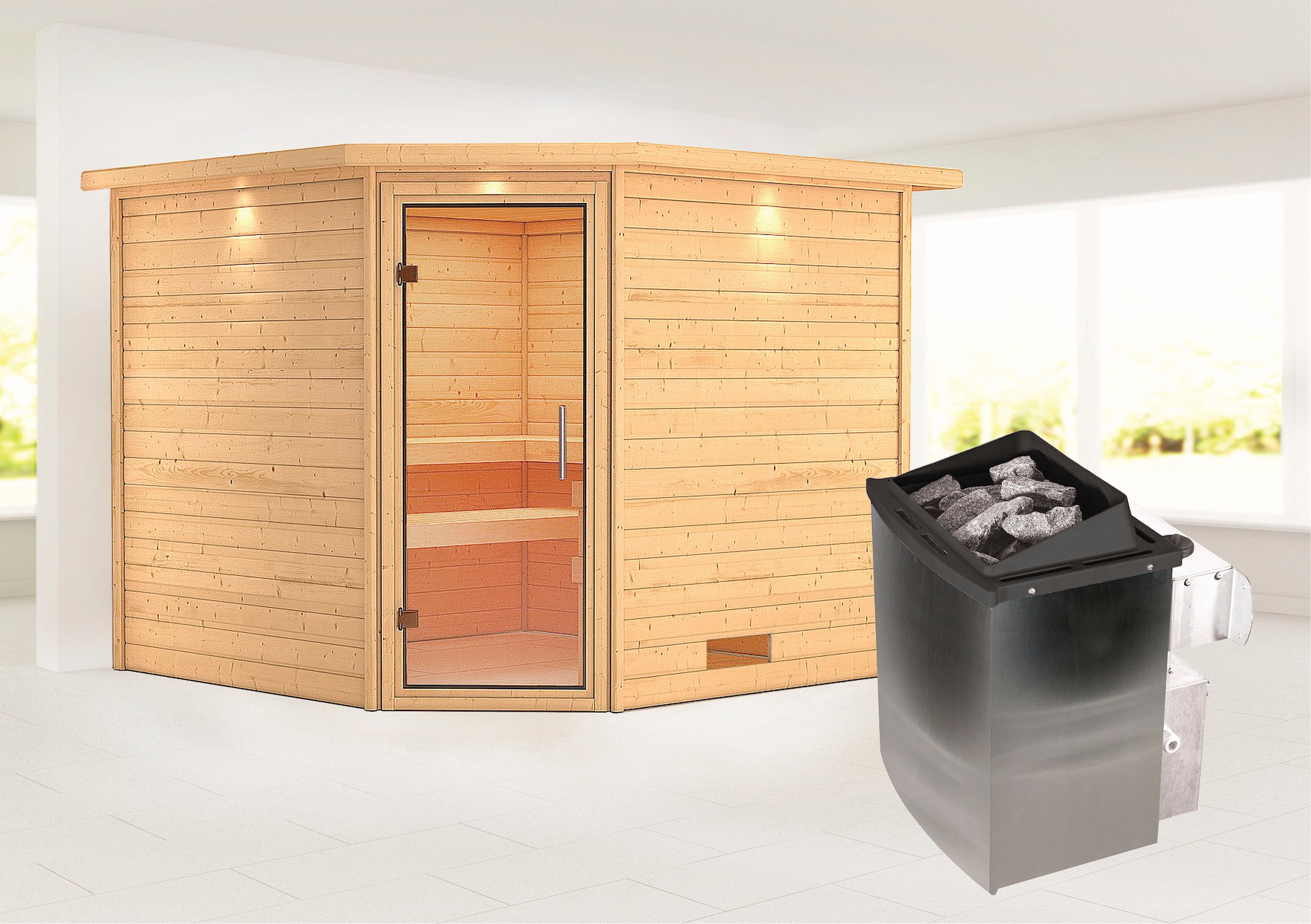 Sauna »"Leona" mit Klarglastür und Kranz Ofen 9 kW integr. Strg«, aus hochwertiger...