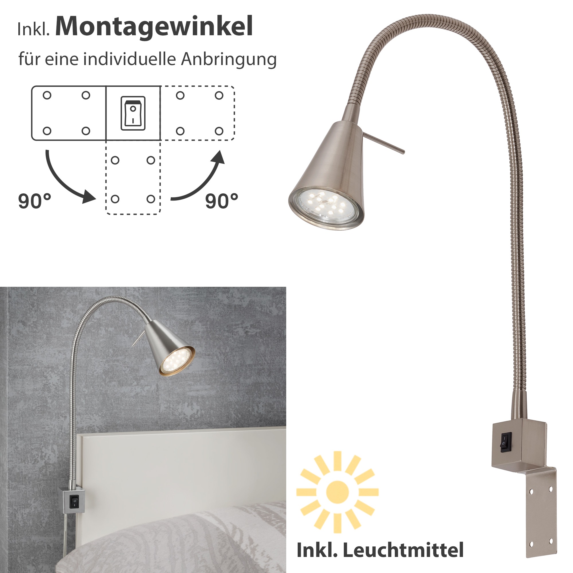 Briloner Leuchten LED Wandleuchte »2er Set LED Bettleuchte Schlafzimmer Wohnzimmer Matt-Nickel«, 2er Set LED Bettleuchte Schlafzimmer Wohnzimmer Matt-Nickel