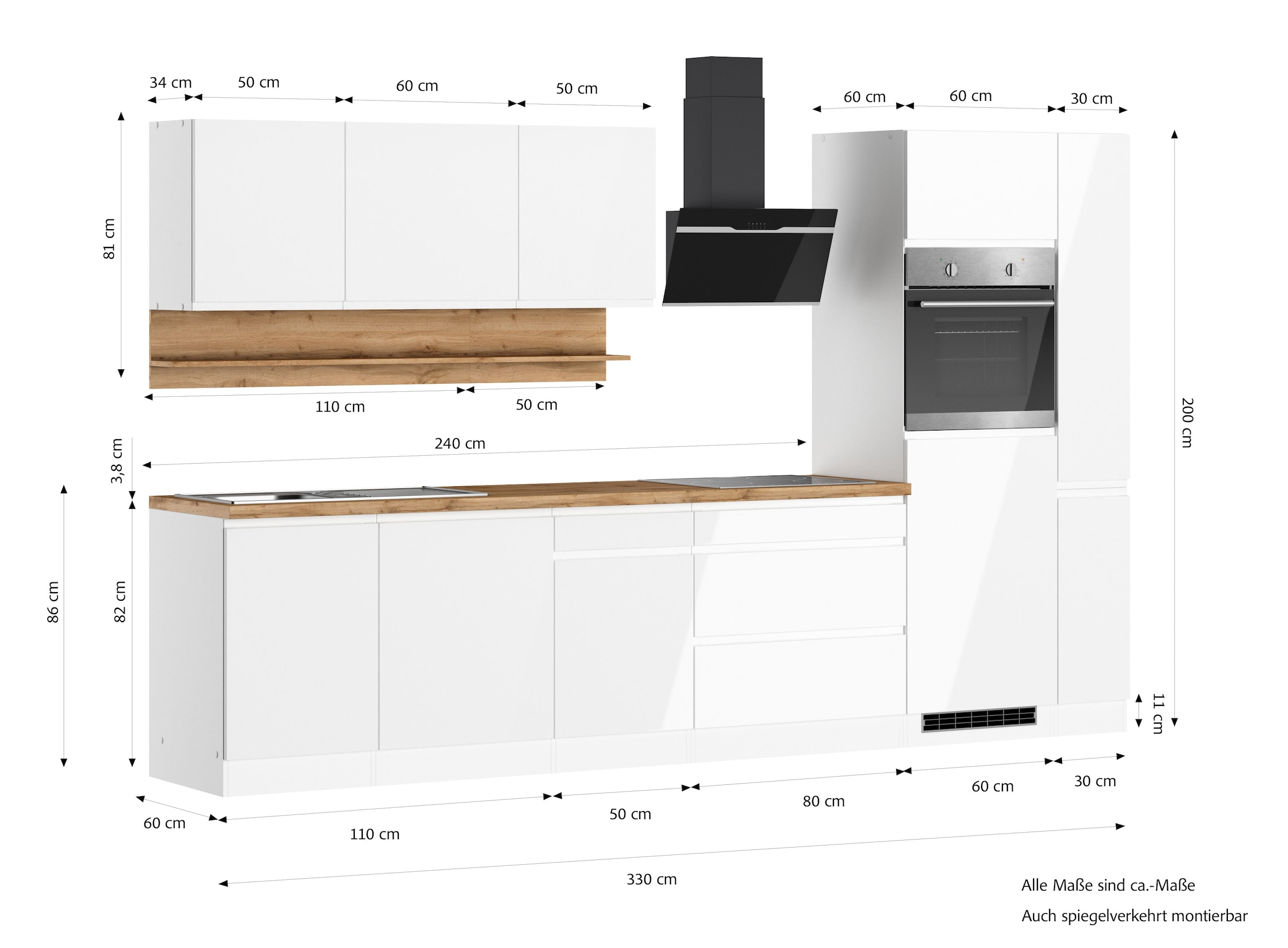 KOCHSTATION Küchenzeile »KS-Virginia,neu in verbesserter Ausführung« Arbeitsplatte 38 mm stark, Stauraum, Softclose,  Breite 330 cm, Soft-Close, ohne E-Geräte