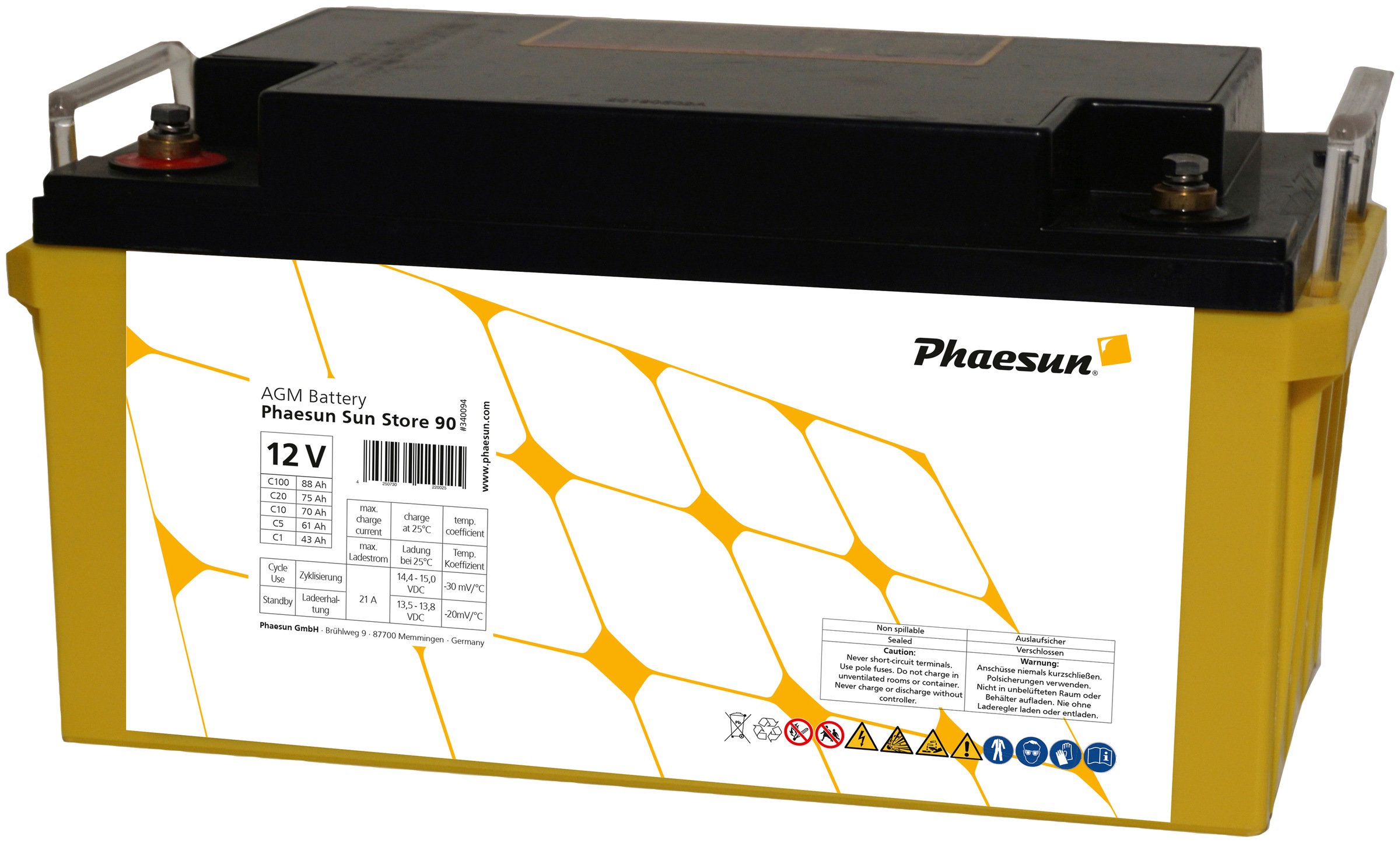 PHAESUN Solarakkus "AGM Sun Store 90", 12 V 88.000mAh, gelb, Akkumulatoren