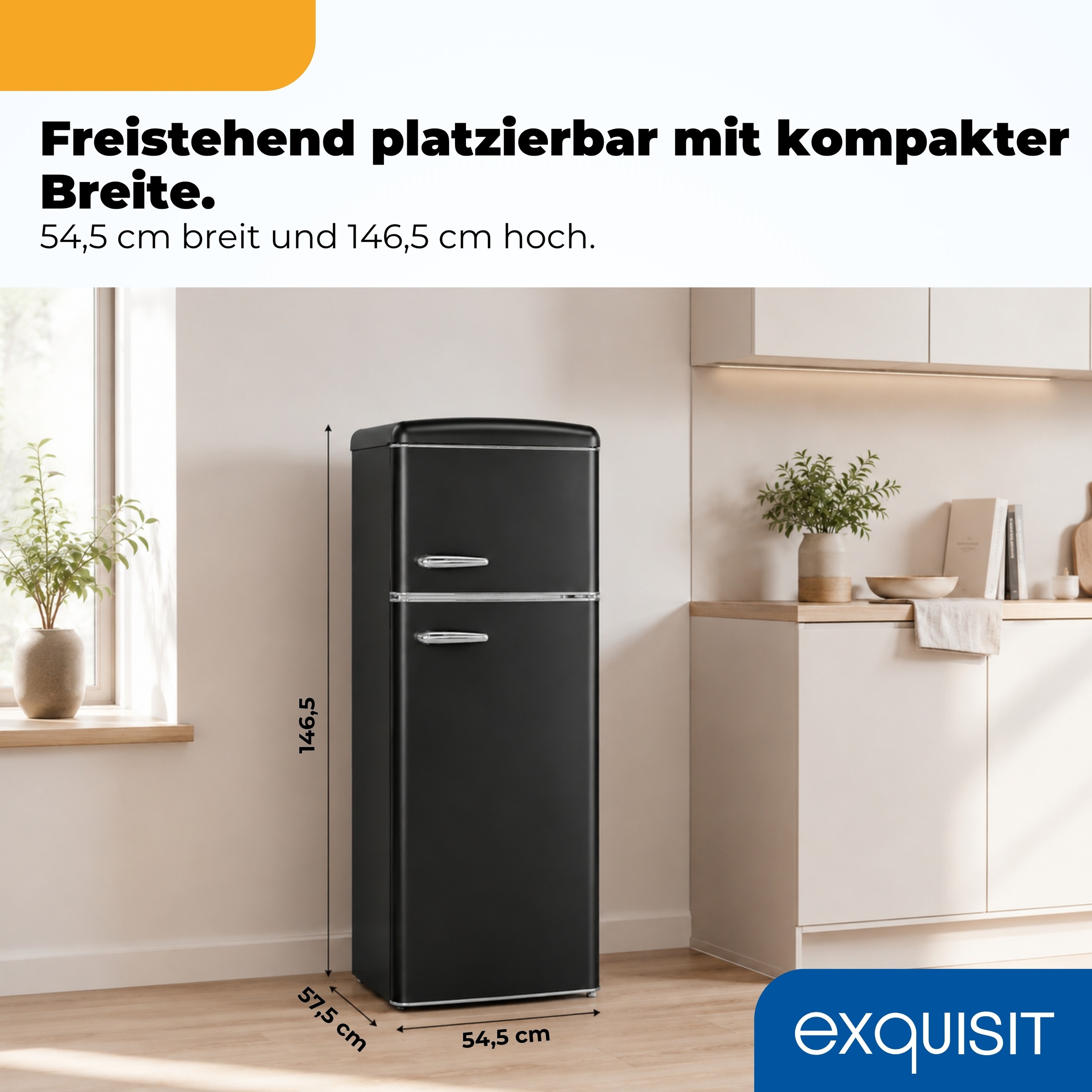 exquisit Kühl-/Gefrierkombination »RKGC270-45-H-160C mattschwarz« 146,5 cm hoch 54,5 cm breit LED-Beleuchtung, verstellbare Glasböden, Retro-Design