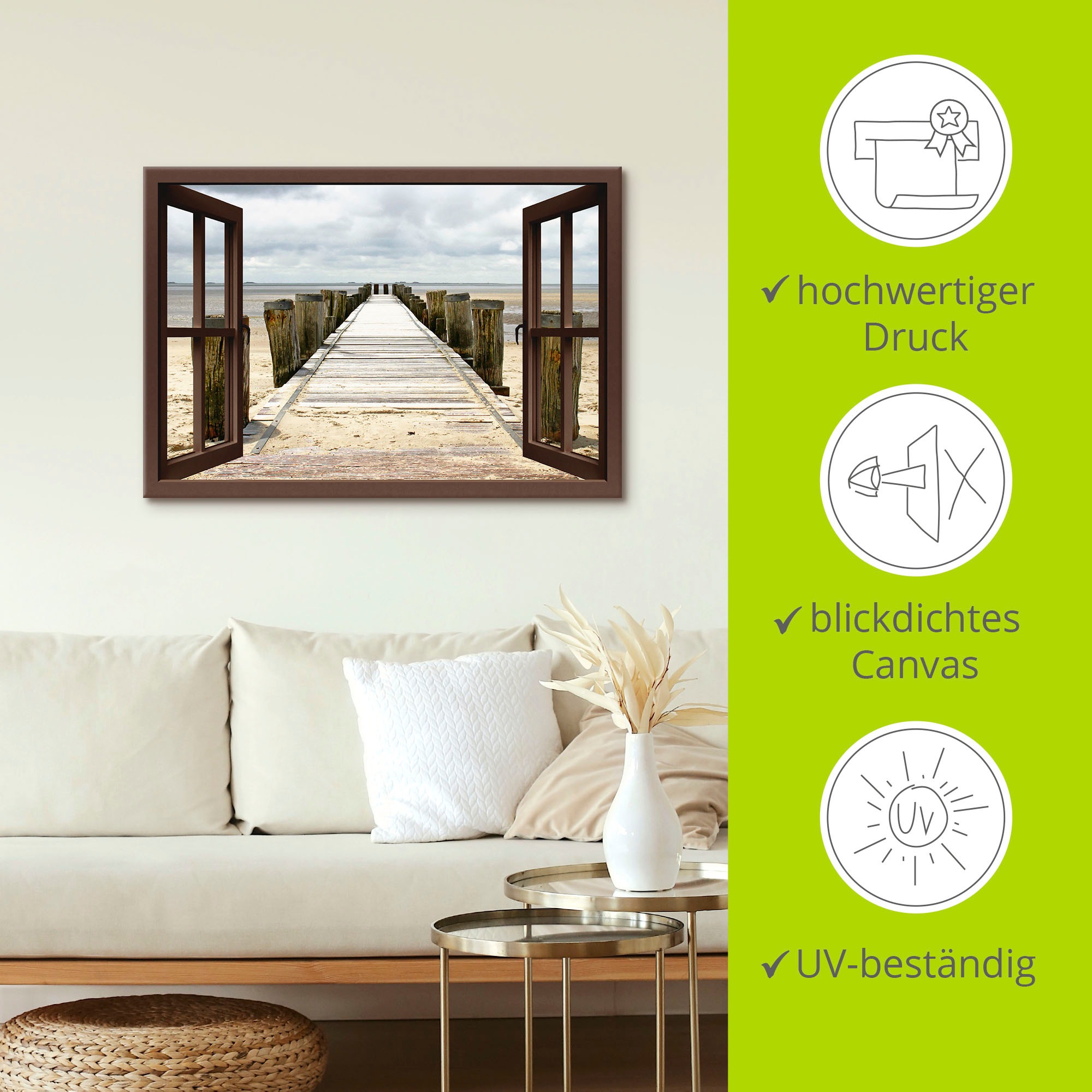 Artland Wandbild »Fensterblick - Steg ins Watt«, Fensterblick, (1 St.), als Leinwandbild, Wandaufkleber in verschied. Größen