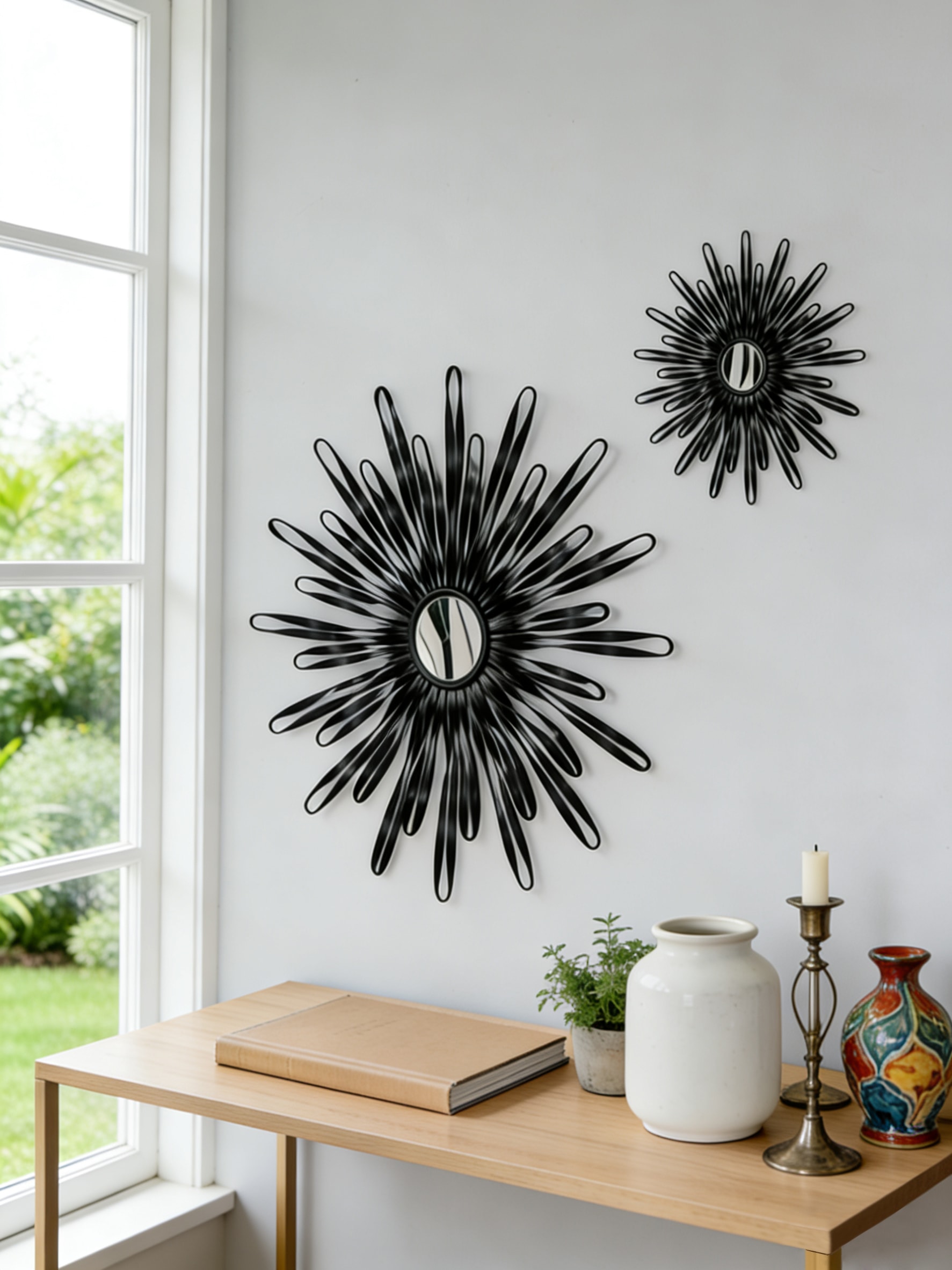 OTTO home Wanddekoobjekt "Sonne, im 2er Set: 35 und 46cm" Wanddekoration aus Metall mit kleinem Spiegel in der Mitte