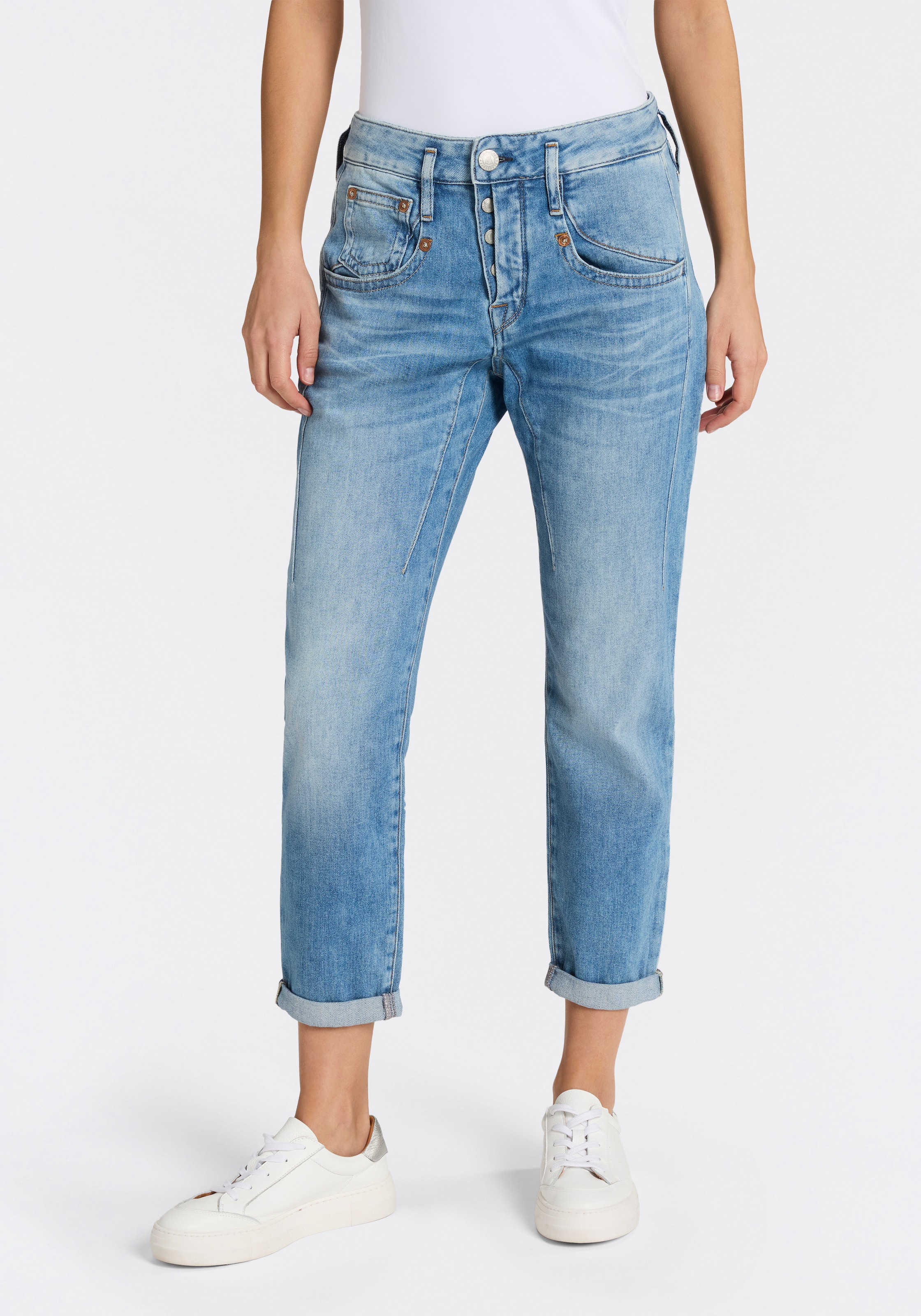 Herrlicher Boyfriend-Jeans »Shyra Cropped Denim Stretch« mit Abnähern, Umschlagsaum