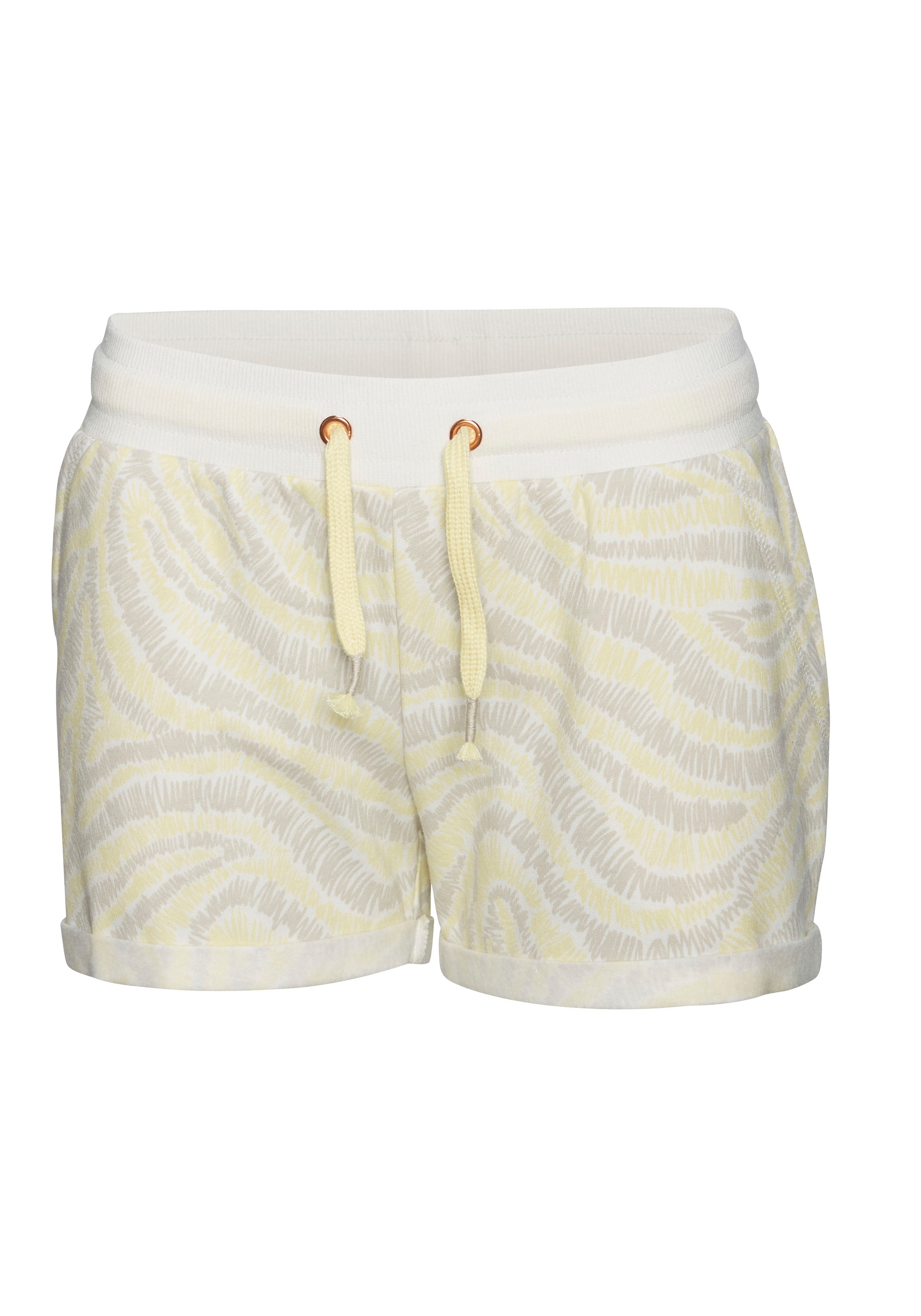 Relaxshorts LASCANA, Damen, Gr. 36/38, N-Gr, grau (hellgelb, hellgrau, gemustert), angeraute Sweatware, Obermaterial: 50% Baumwolle, 50% Polyester, kurz, Hosen, mit seitlichen Eingrifftaschen, Loungeanzug 3