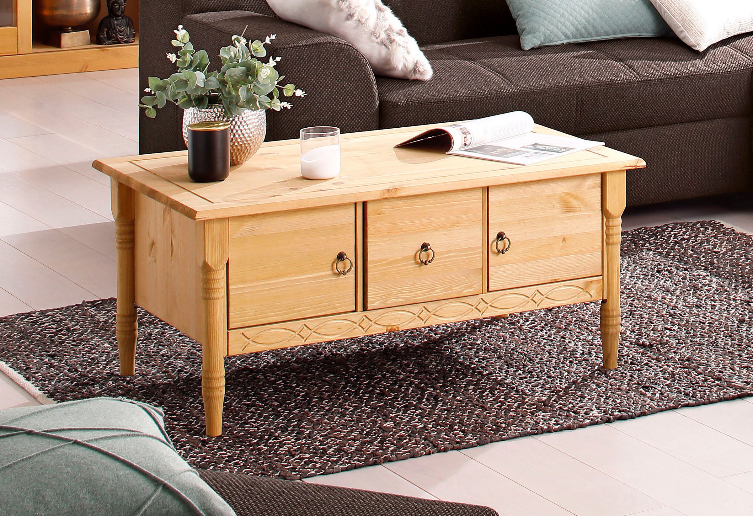 OTTO home Couchtisch "Indra" aus massiver Kiefer, FSC, mit Stauraum, dezentes Ornament