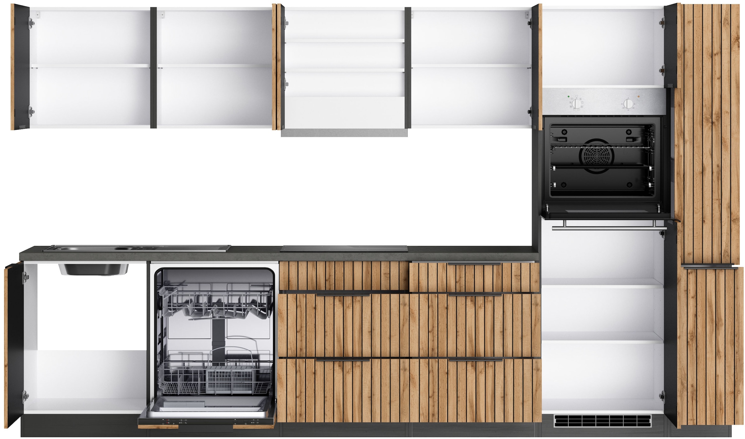 KOCHSTATION Küchenzeile »KS-Lagos, wahlweise mit E-Geräten, Spüle edelstahl oder schwarz«, Breite 330cm, Ceran-oder Induktionskochfeld,mit oder ohne Kühlschrank