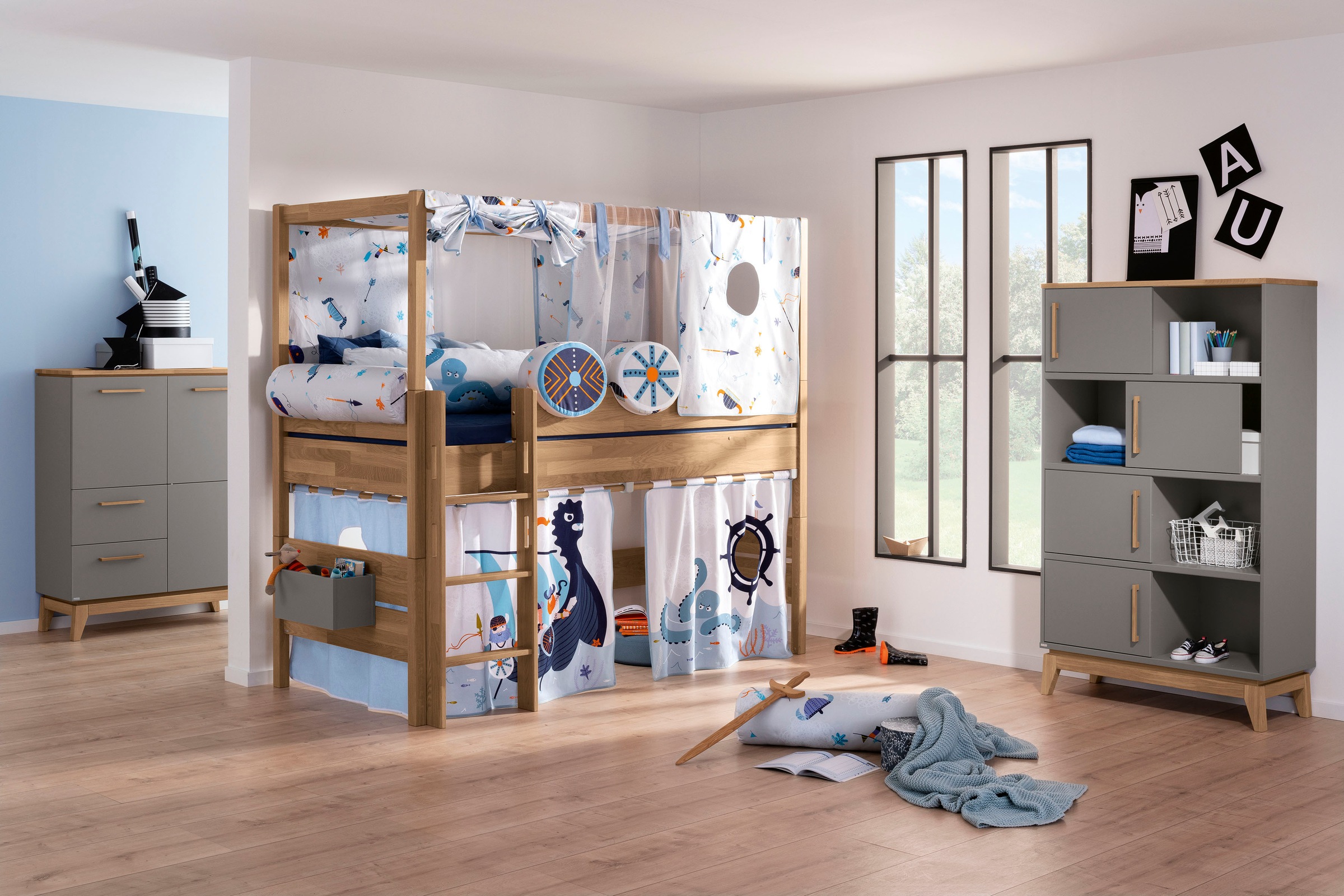 PAIDI Standregal »STIENE in Beige oder Grau, 8 Fächer, 4 Schiebetüren mit Soft-Close« B/H/T ca. 95/161/40cm,  modernes und langlebiges Regal mit Massivholz, Highboard