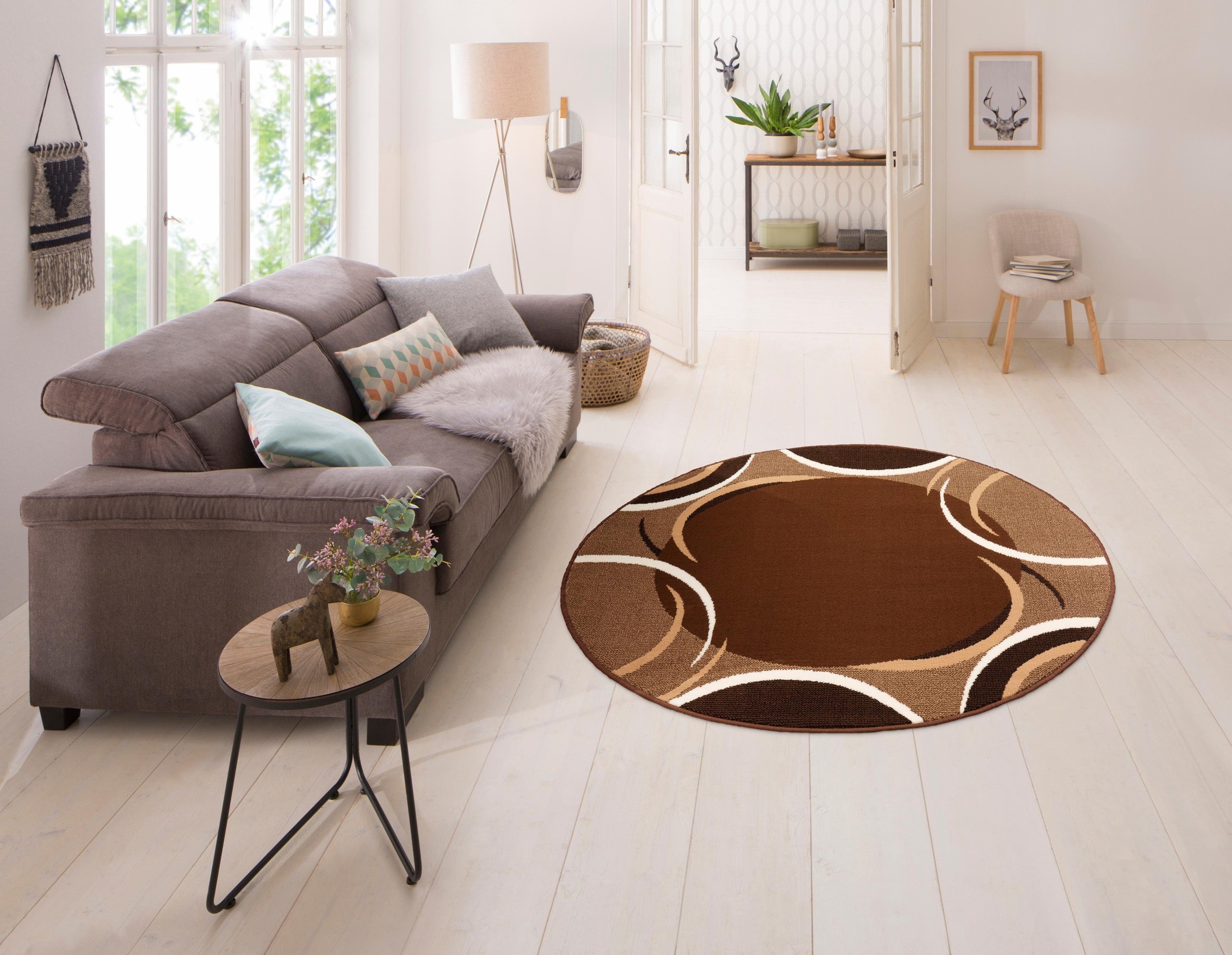 OTTO home Teppich "Noah" rund 7 mm Höhe mit Bordüre, Kurzflor, verspieltes Design, pflegeleicht, elegant