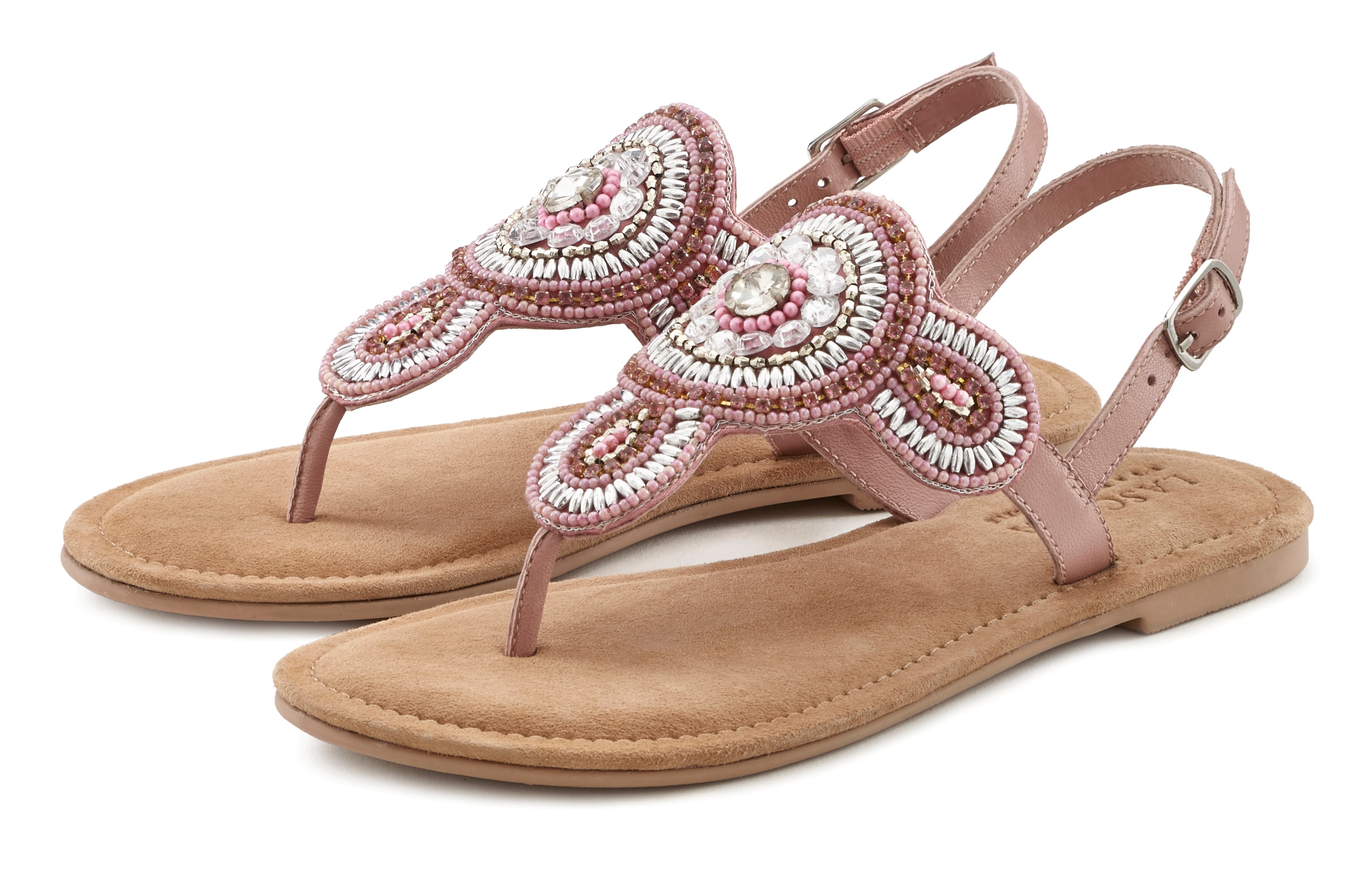 LASCANA Zehentrenner "Sandalette, Sommerschuh, offener Schuh," Sandale, Pantolette in Glitzer-Optik und softer Lederinnensohle