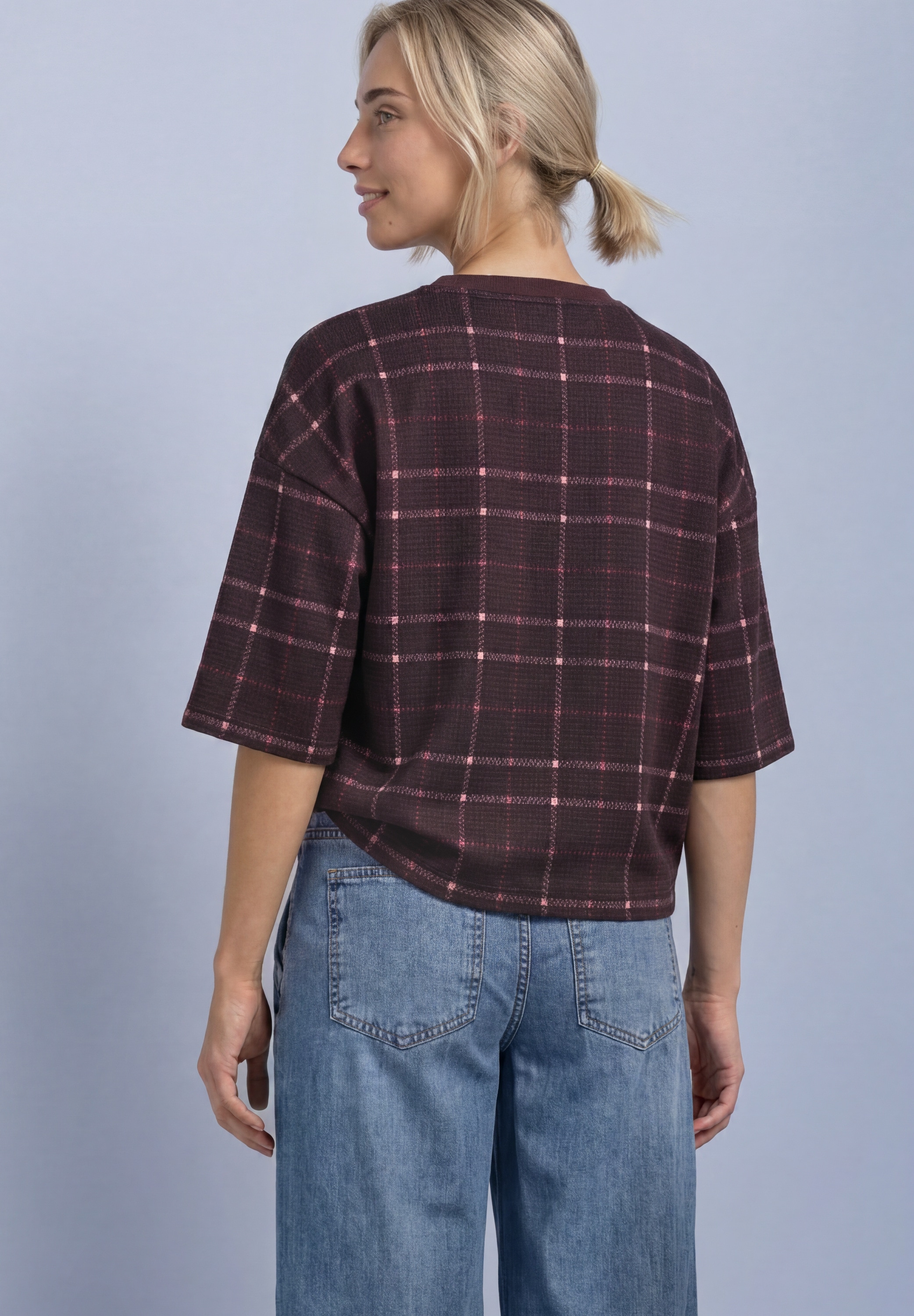 STREET ONE Sweater , Kurzarm Sommer-Sweatshirt / Kariert / Boxy Crewneck
