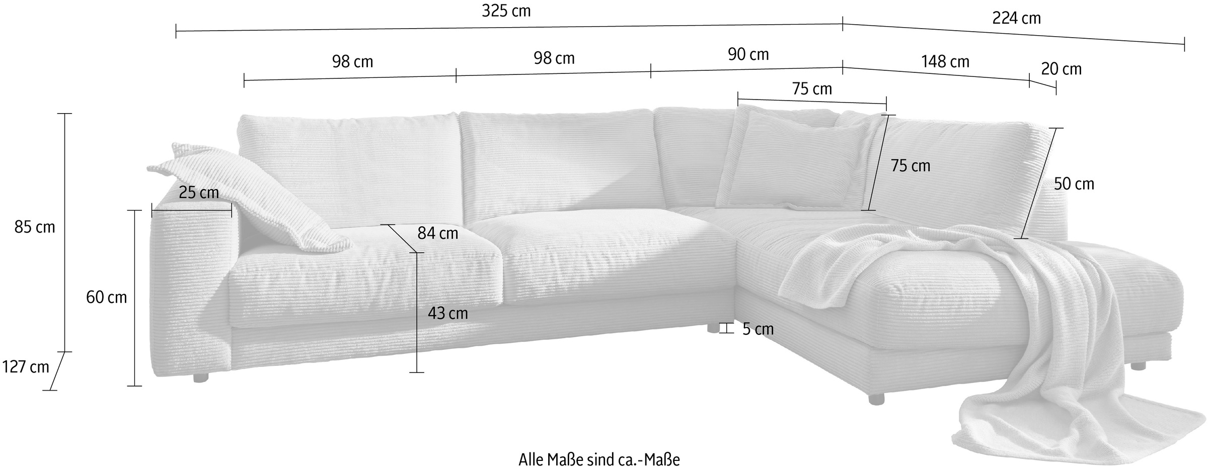 3C Candy Ecksofa »Enisa XXL B/T/H: 325/224/85 cm L-Form«, Kuschelig, gemütlich, in 5 Farben, Bezug in Cord, mit 2 Zierkissen