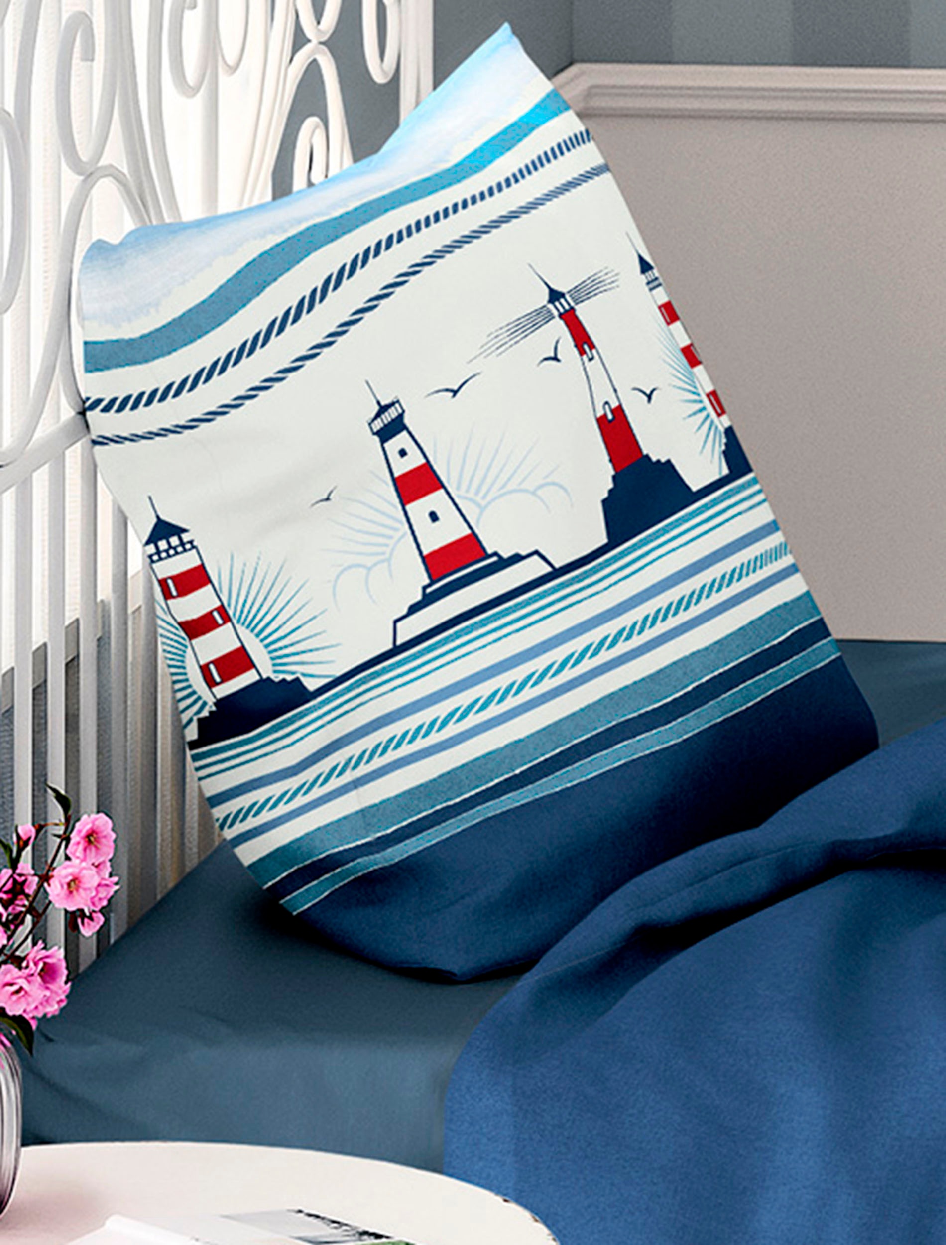 Thumbnail - BIERBAUM Bettwäsche "Leuchtturm" 2 Stk. Seersucker, 100 % Baumwolle, mit maritimen Muster, pflegeleicht