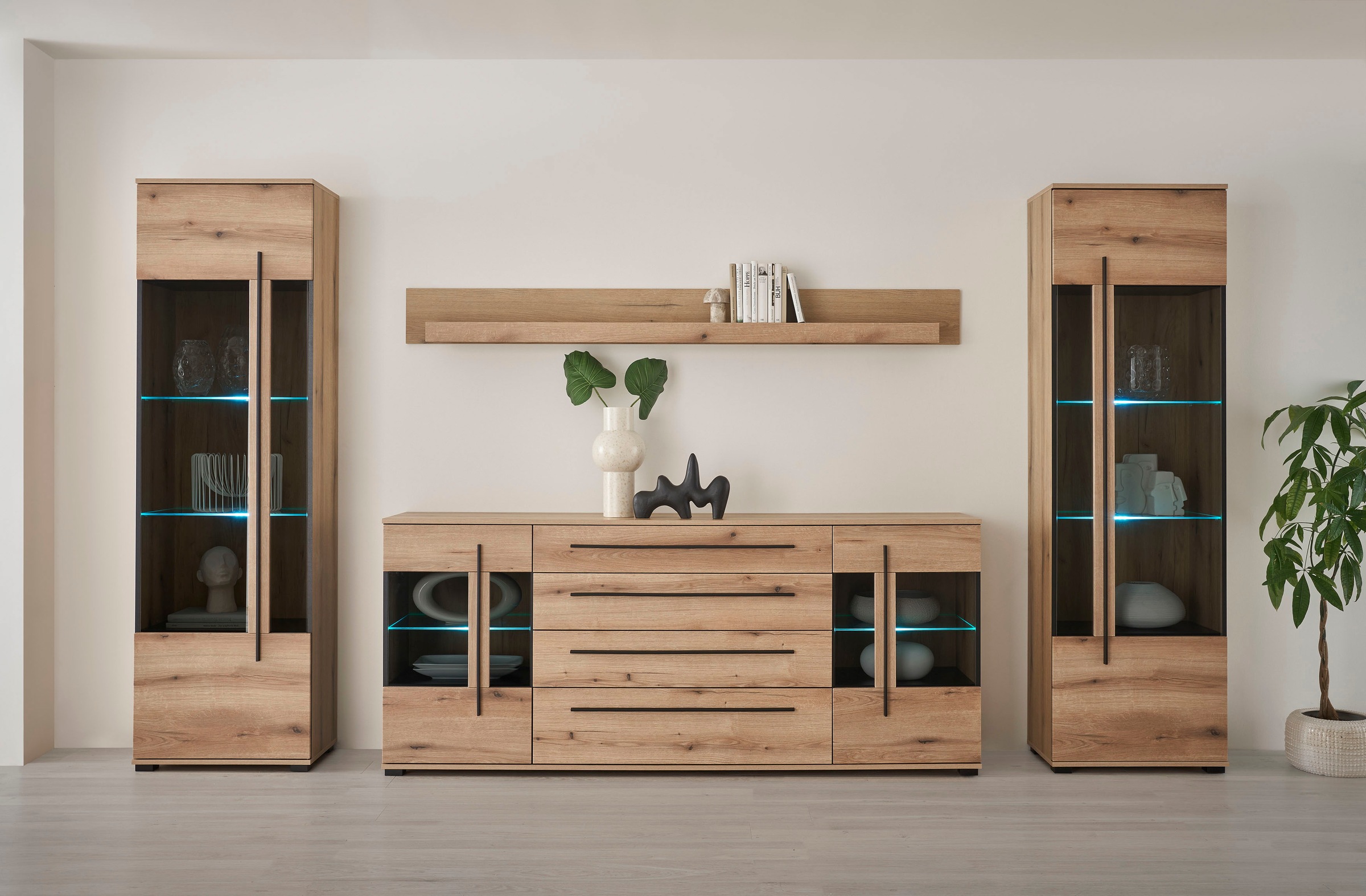 INOSIGN Wohnwand »Cantara, moderne Anbauwand, Wohnzimmer-Set, in Eiche Evoke oder Weiß«, (Set), enthält zwei Vitrinen, ein Sideboard und ein Wandboard