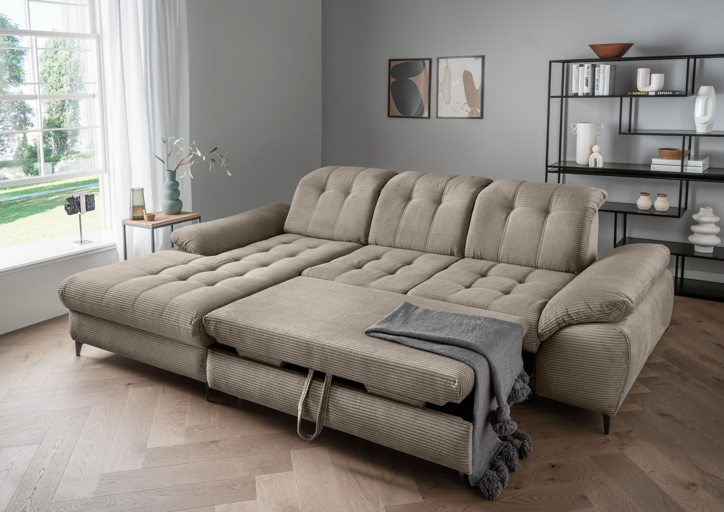 Home affaire Ecksofa »Lazio modern und bequem, schmale Armlehnen, tolle Detailverarbeitung« zwei verschiedene Fußfarben wählbar