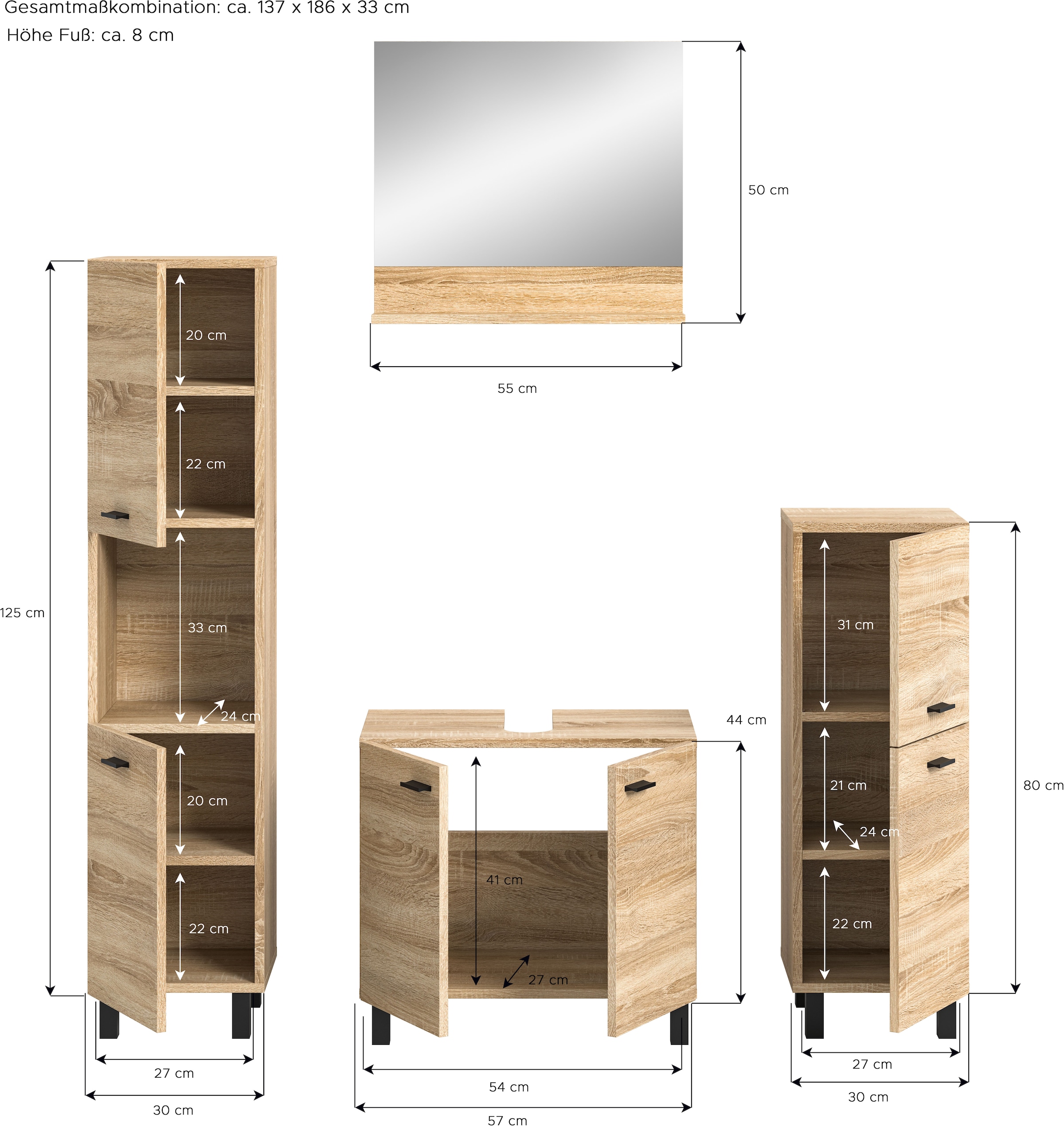 welltime Badmöbel-Set »Tampa, Breite 137cm, 4-teilig«, (4 St.), Waschbeckenunterschrank, Spiegel, Hochschrank, Midischrank