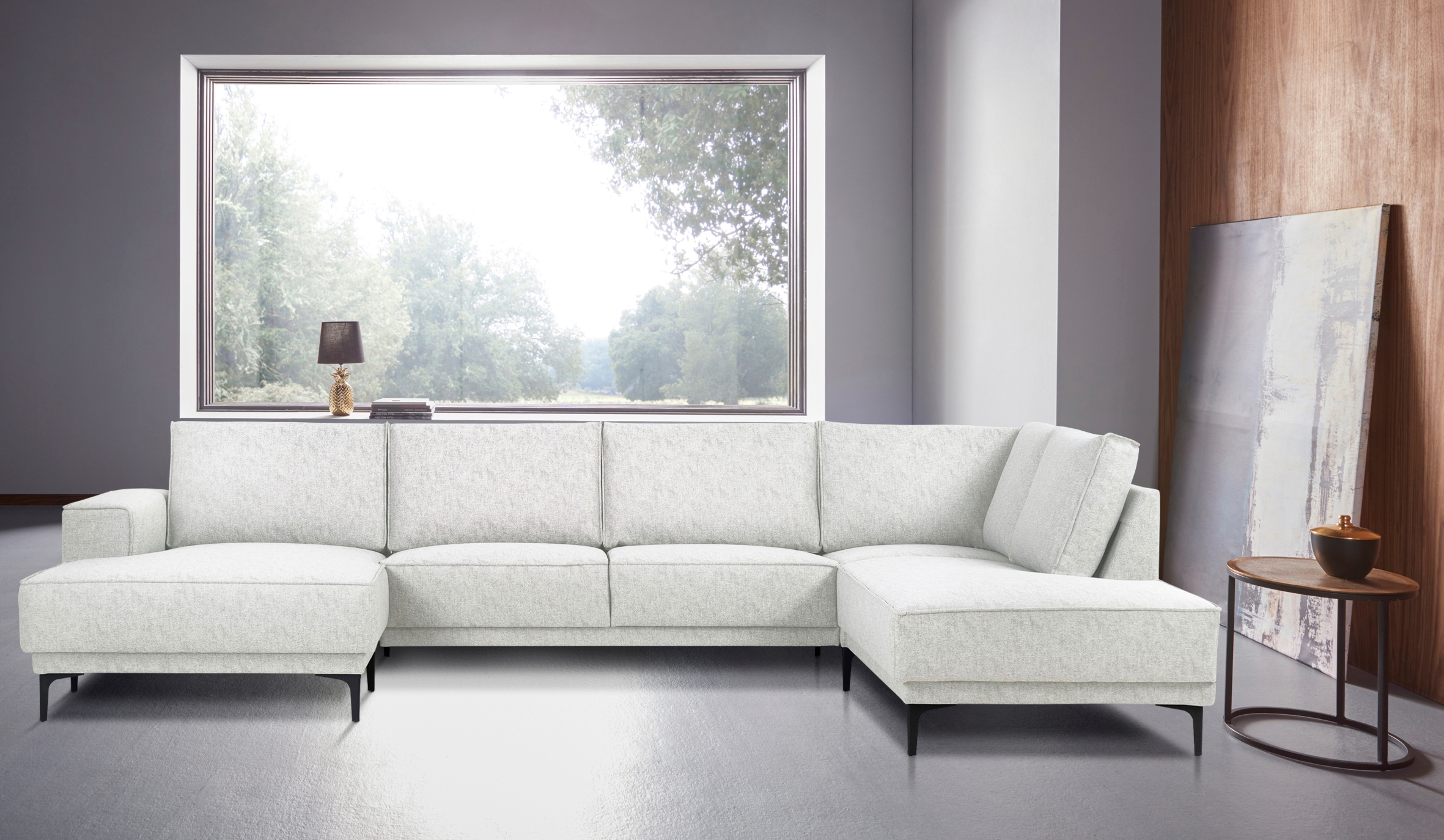 Places of Style Wohnlandschaft »XXL Sofa Oland, Struktur, Flachgewebe, Luxus-Microfaser, Boucle«, U-Form, 345 cm, Wellenunterfederung, Skandi-Design, Metallfüße