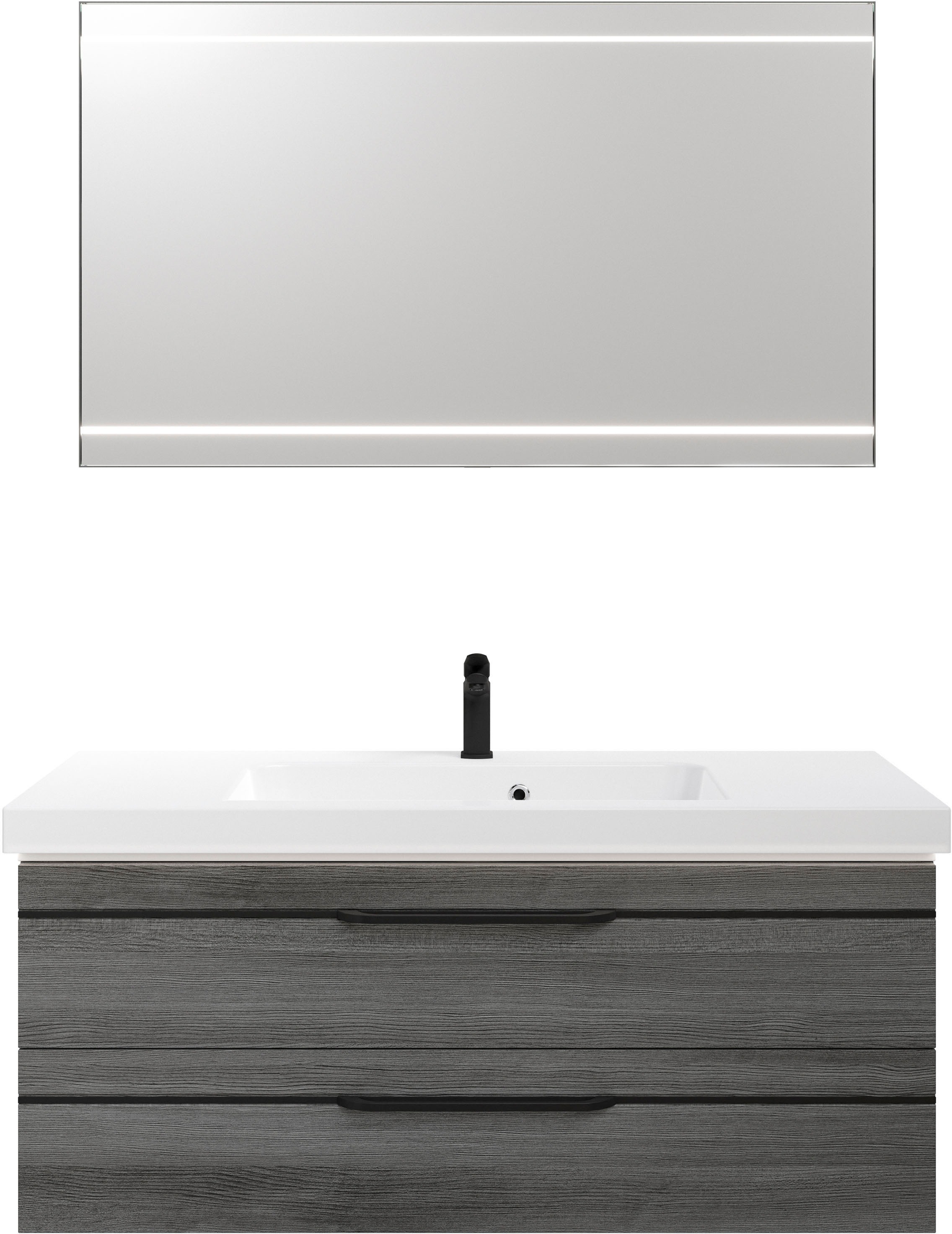 Saphir Badmöbel-Set »Balto 2-teilig Mineralmarmor-Waschtisch mit LED-Spiegel, 123 cm breit«, (2 St.), Waschplatz mit 2 Schubladen, Badschrank inkl. Schubladendämpfer