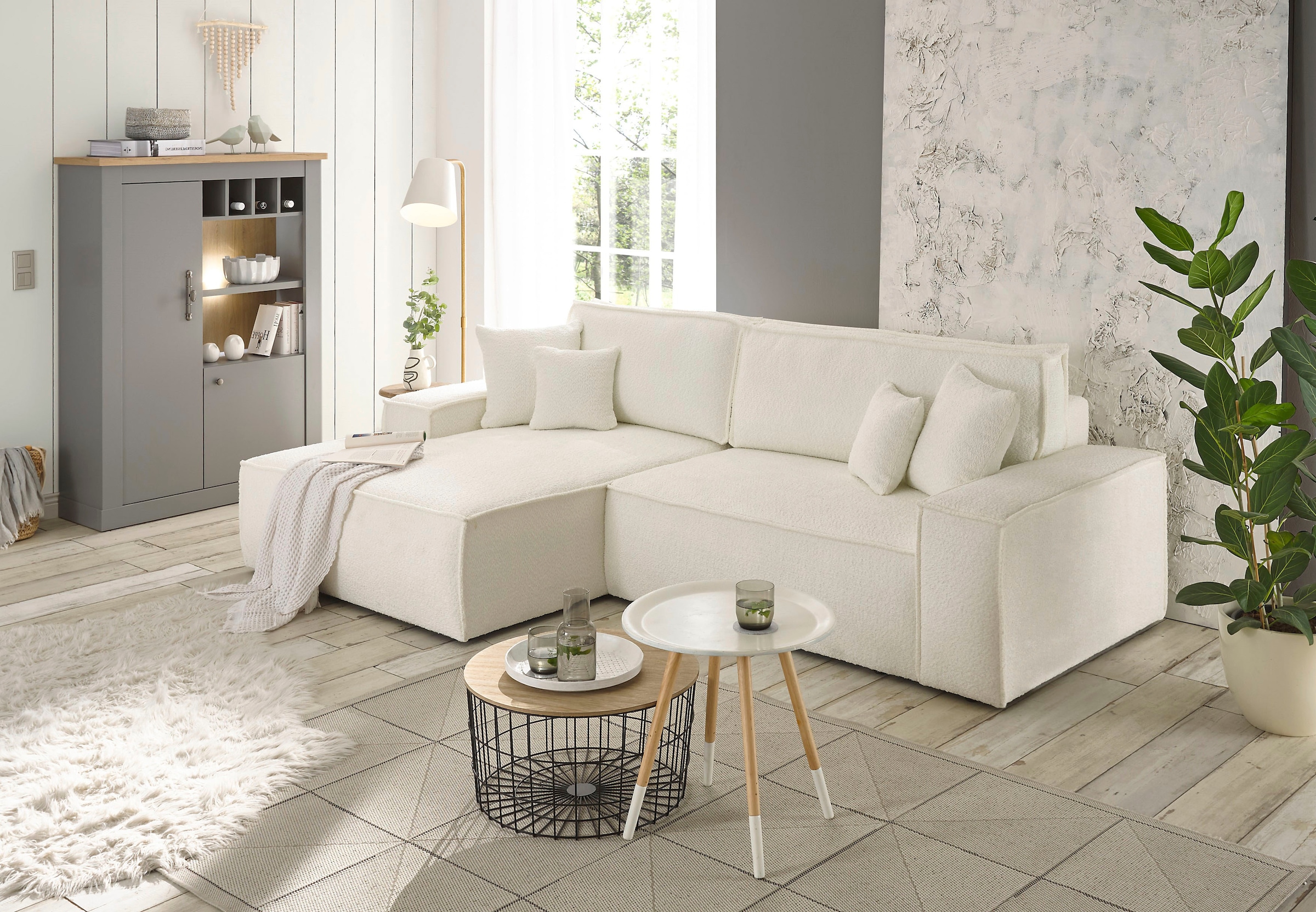 andas Ecksofa »Finnley Schlafsofa 267 cm in Bouclé, Struktur fein u. Cord, L-Form,«, Schlaffunktion m. Bettkasten (136/210 cm), Bouclé, Struktur und Cord
