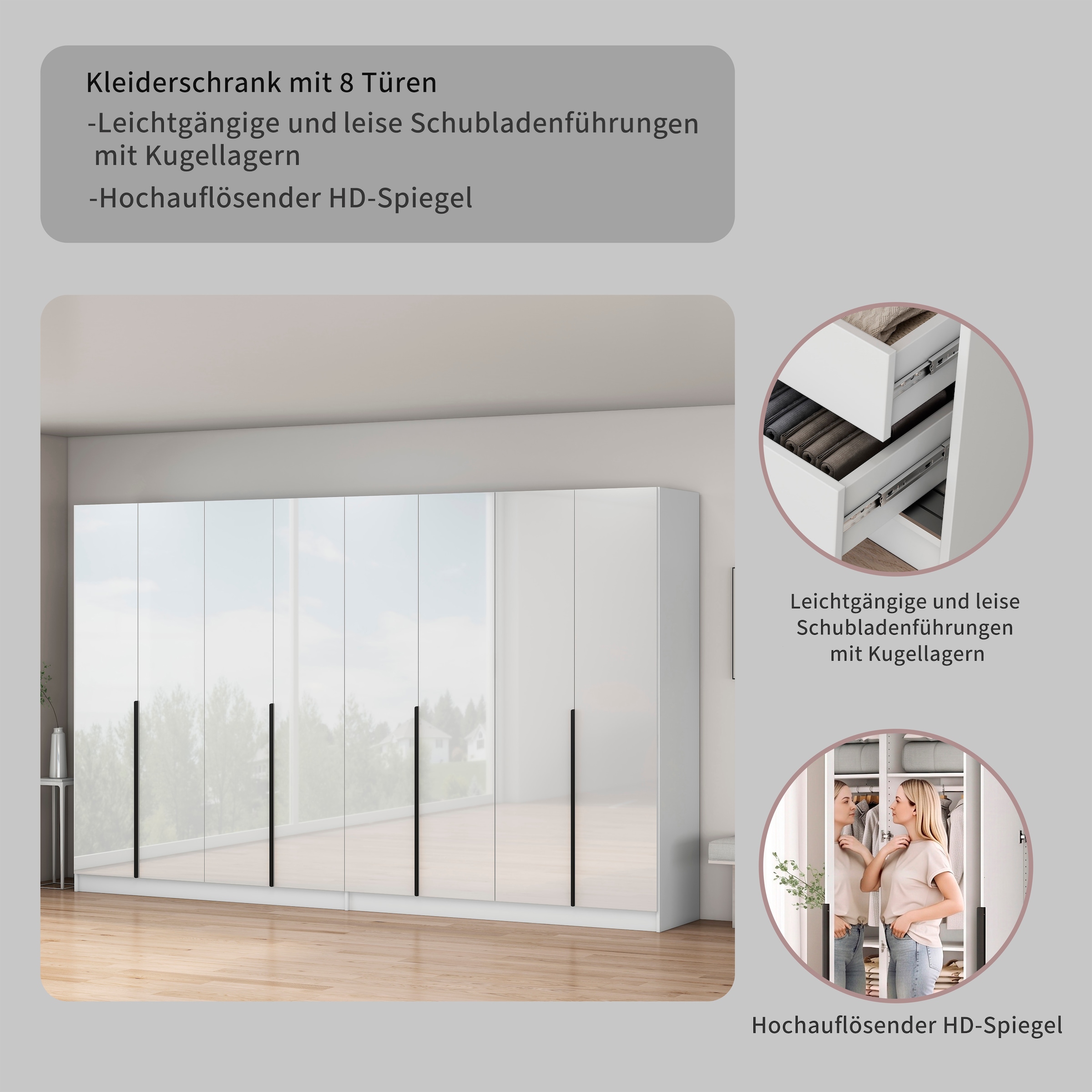 OTTO home Kleiderschrank »Annor Schlafzimmerschrank Breite 323 cm hochglanz Schrank Garderobe« Drehtürenschrank mit perfekter Innenausstattung - elegante Türgriffe