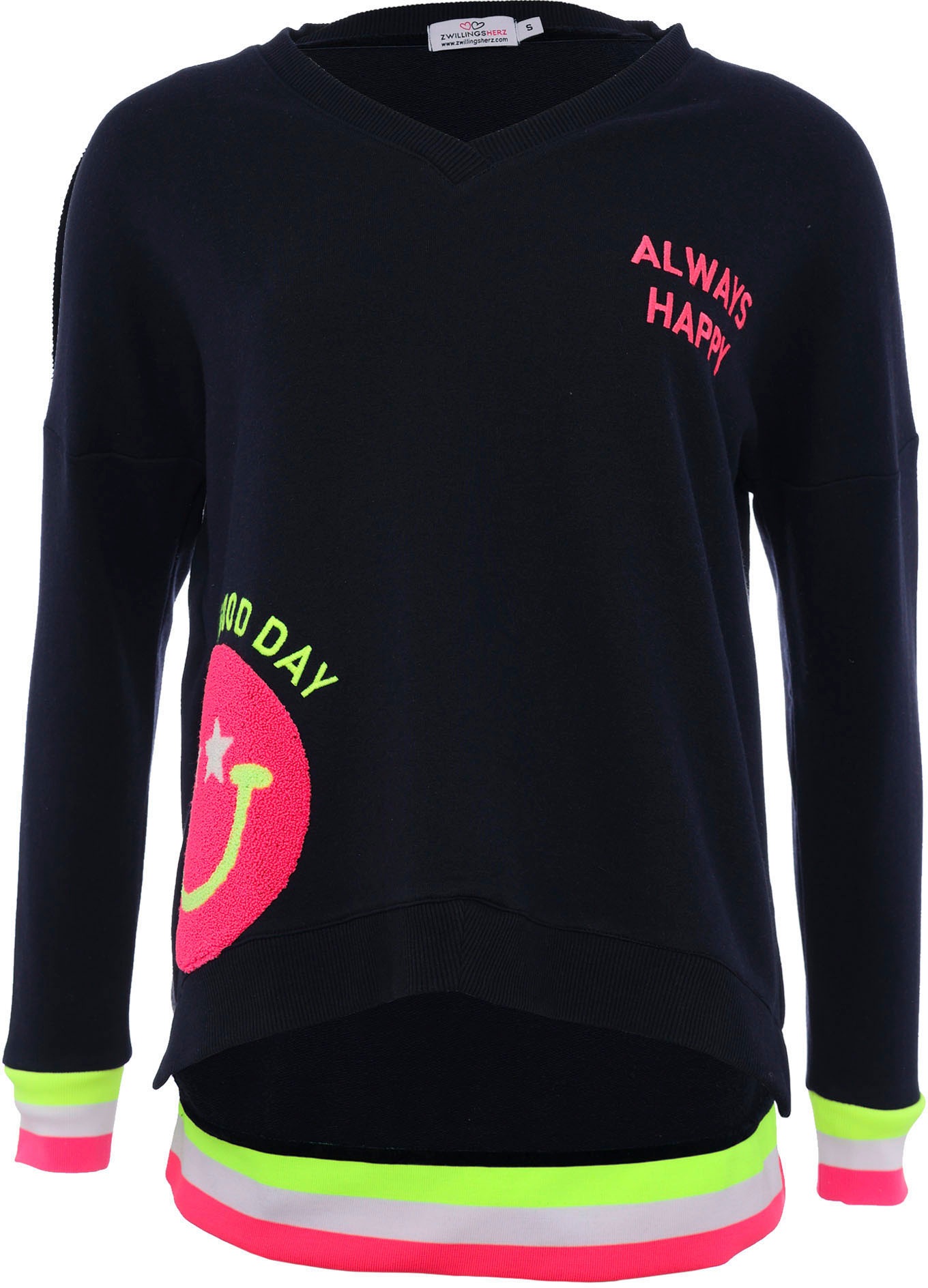 Zwillingsherz Sweatshirt, Mit V-Ausschnitt und Smiley-Aufdruck aus Frottee günstig online kaufen