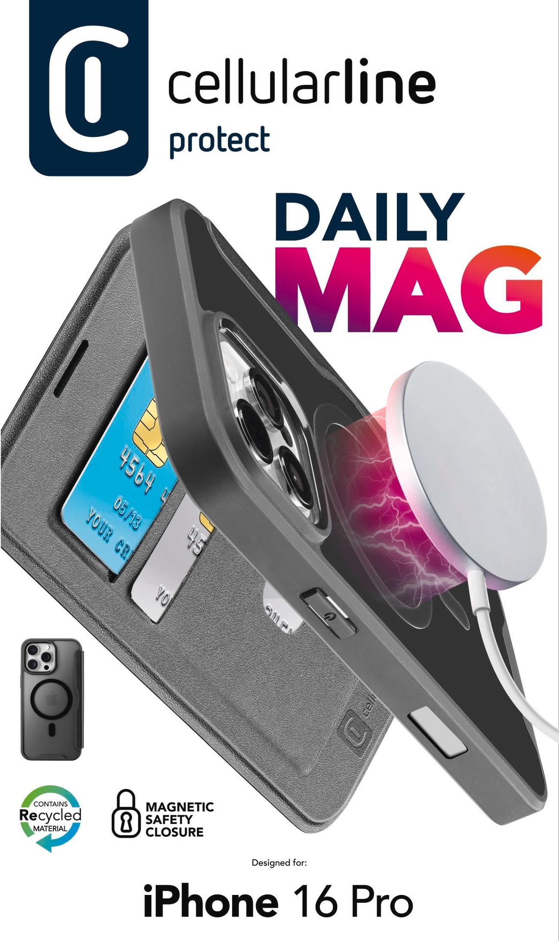 Cellularline Flip Case »Book Case Daily MAG für Apple iPhone 16 Pro«, Bookcover, Schutzhülle, Handyschutzhülle, Case, Schutzcase, stoßfest
