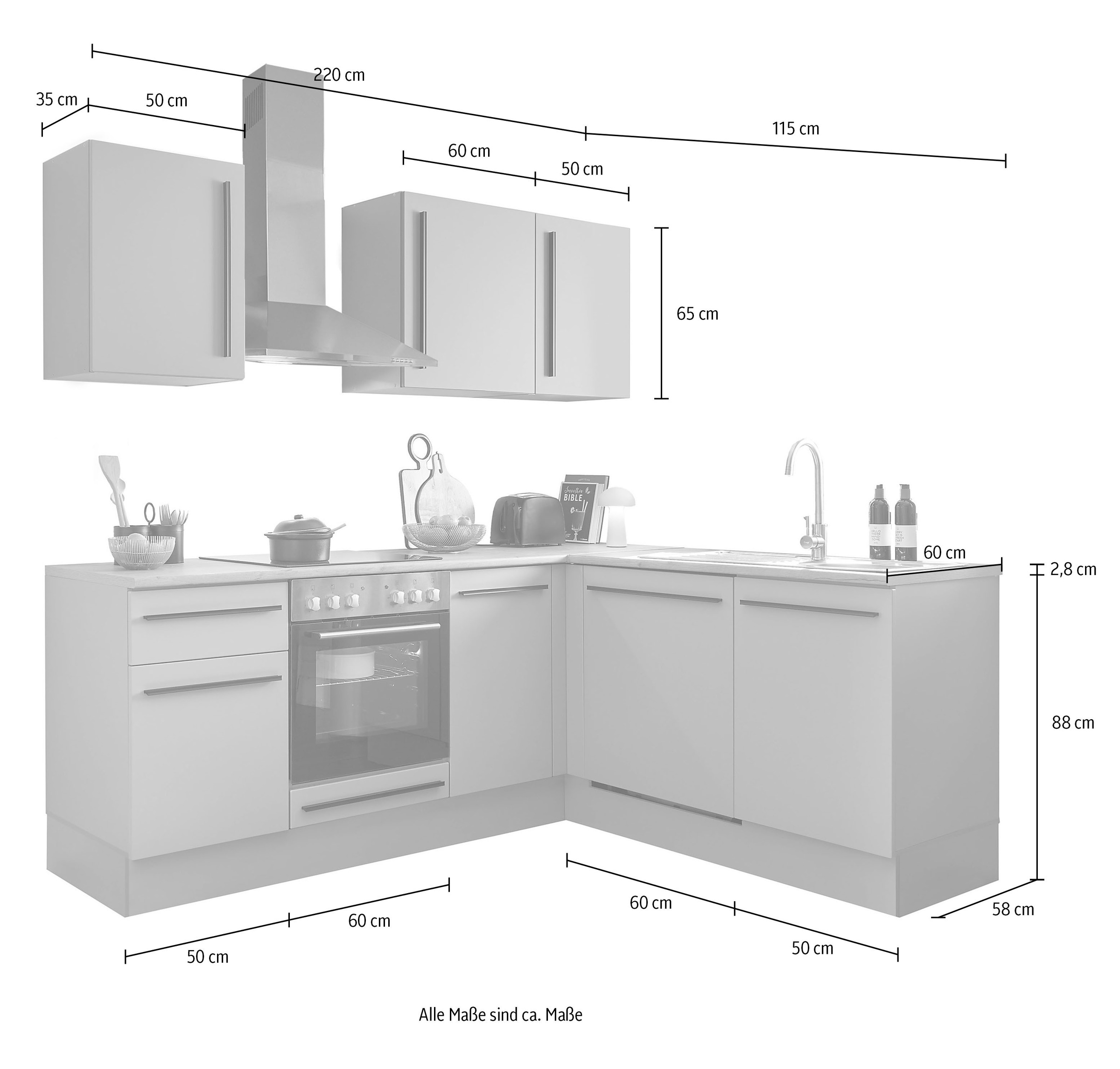 BASIC by Balculina Winkelküche »Denver, Küche BxHxT 220/115 x 211 x 60«, Breite 220 cm, wahlweise mit E-Geräten und Induktion