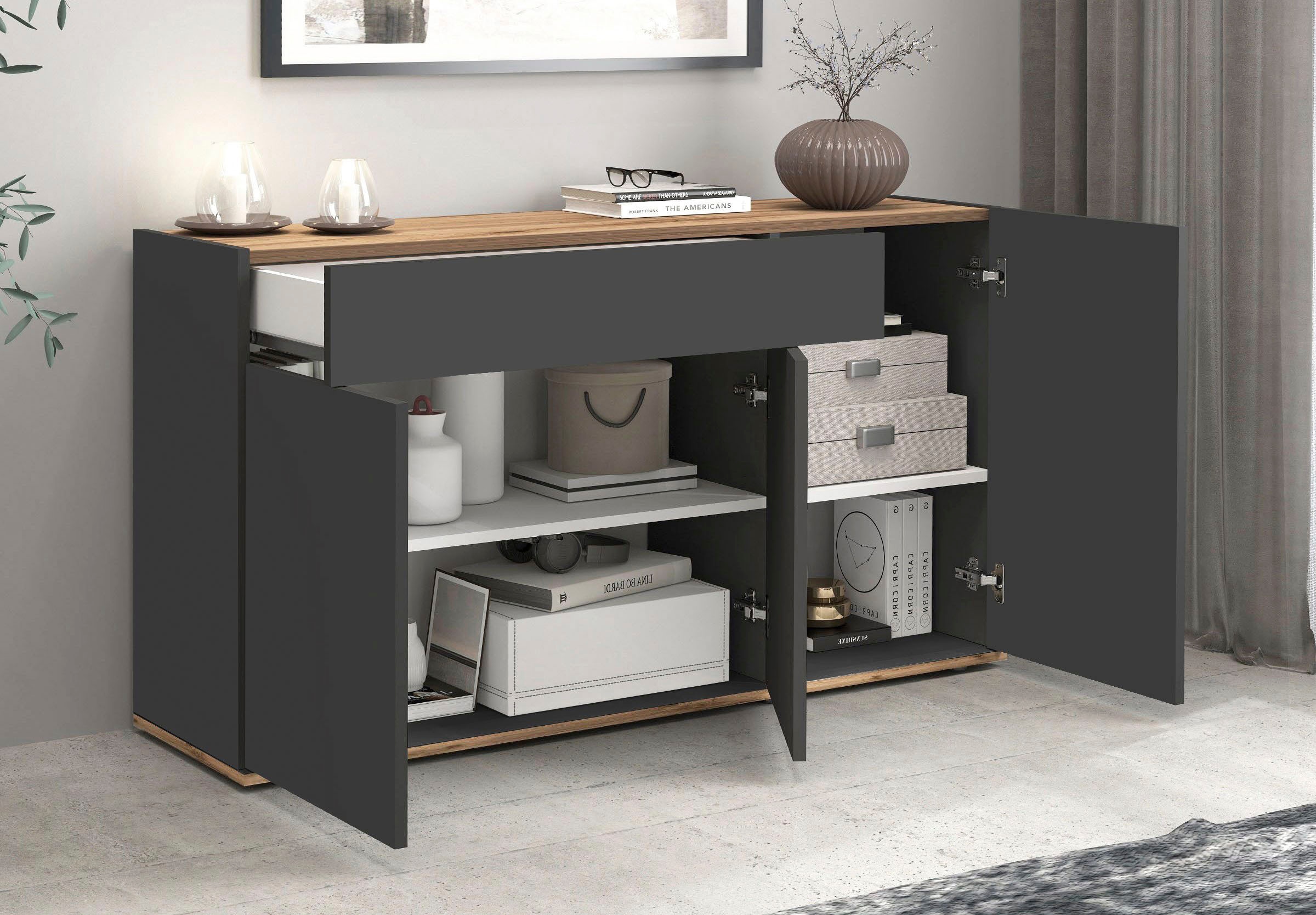 OTTO home Sideboard »Garda, Kommode, Schrank, 3 Türen, 1 Schublade, Made in Italy« 3 Türen, 1 Schublade, grifflos Breite 120,1 cm, anthrazit/eiche matt