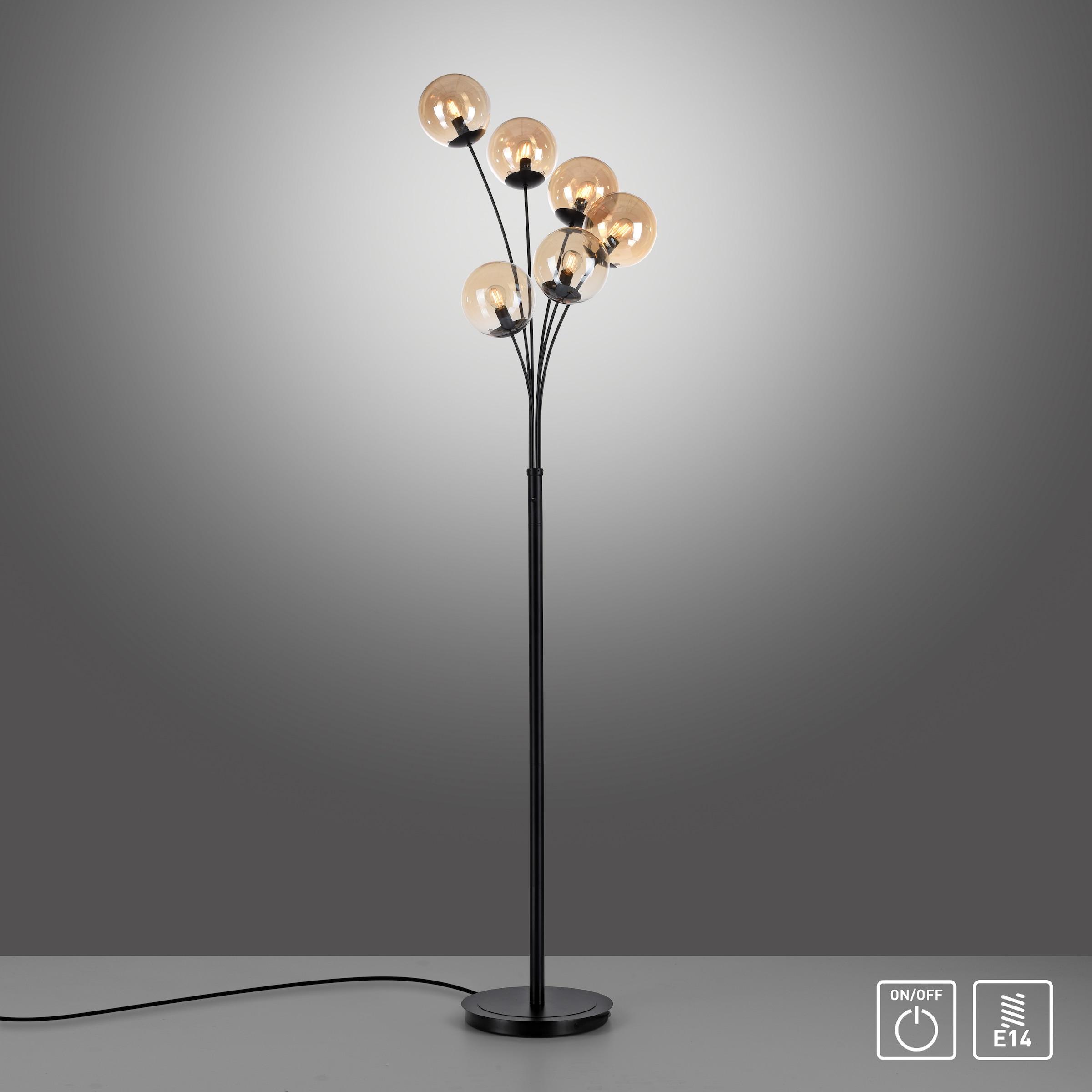 andas Stehlampe »Nymölla«, 6 flammig-flammig, mit großen amberfarbigen  Glaskörpern, schwarz lackiert Oberfläche | BAUR