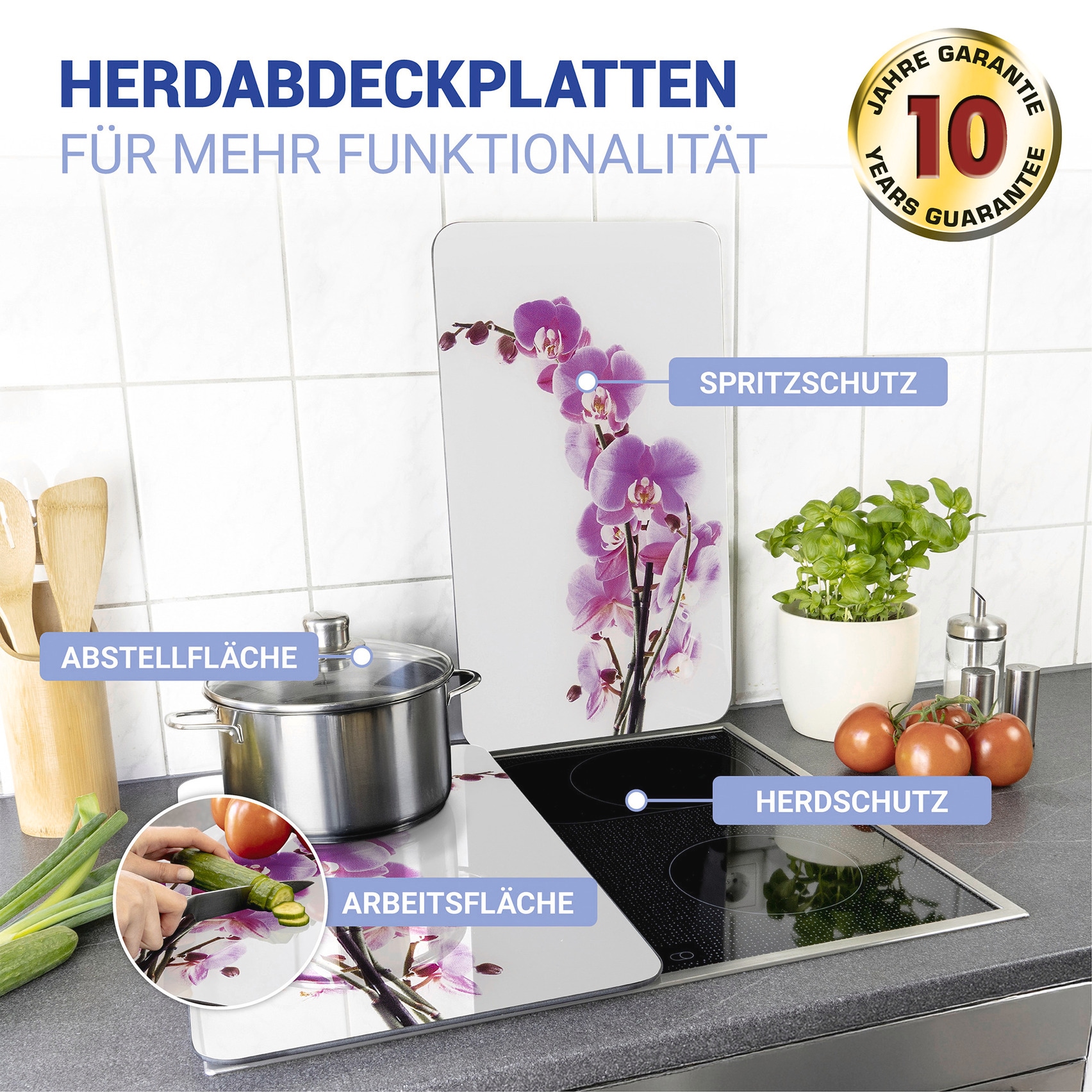 WENKO Herd-Abdeckplatte »Universal Modell Orchideenblüte«, (Set, 2 tlg.), Herdabdeckung für alle Herdarten, kratzfest, mit rutschfesten Füßen