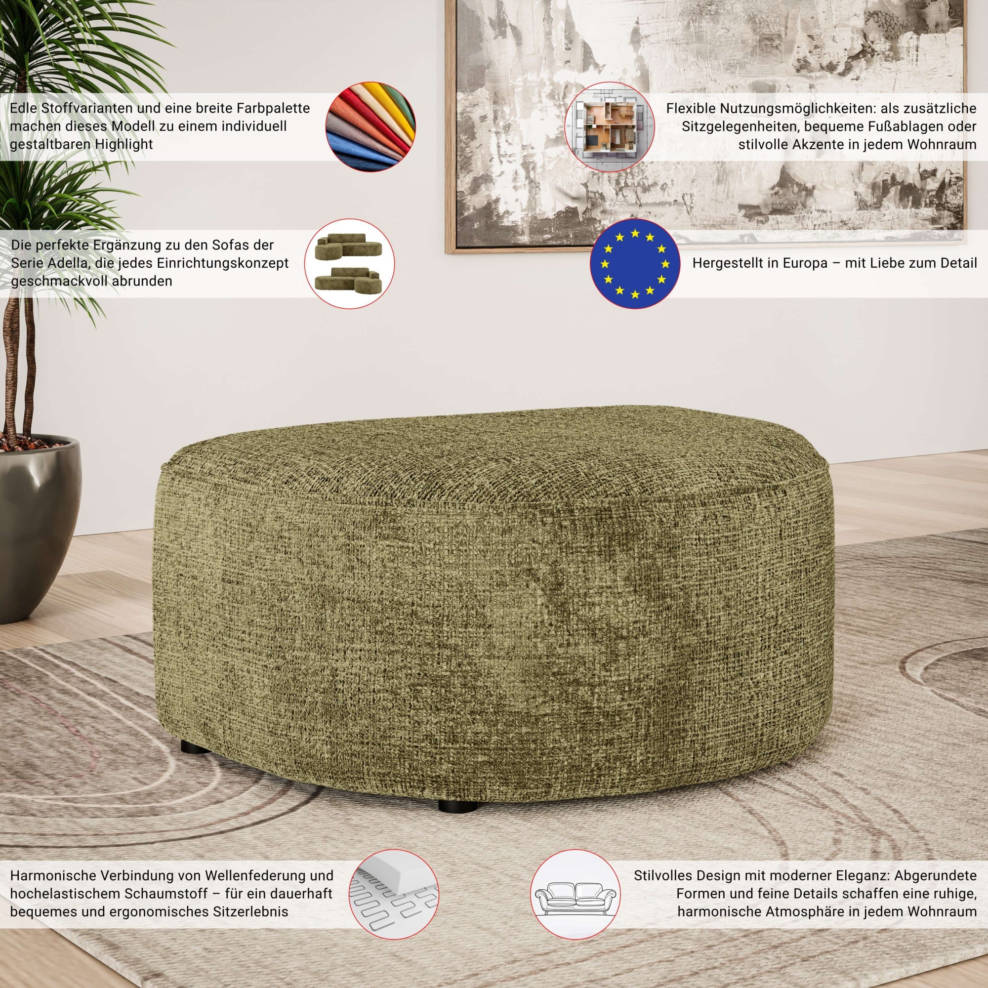 OTTO home Polsterhocker »ADELLA passed zur Serie, Maße B/T/H: 92/69/43 cm«, Hocker mit Wellenunterfederung, runde Form, auch in Cord