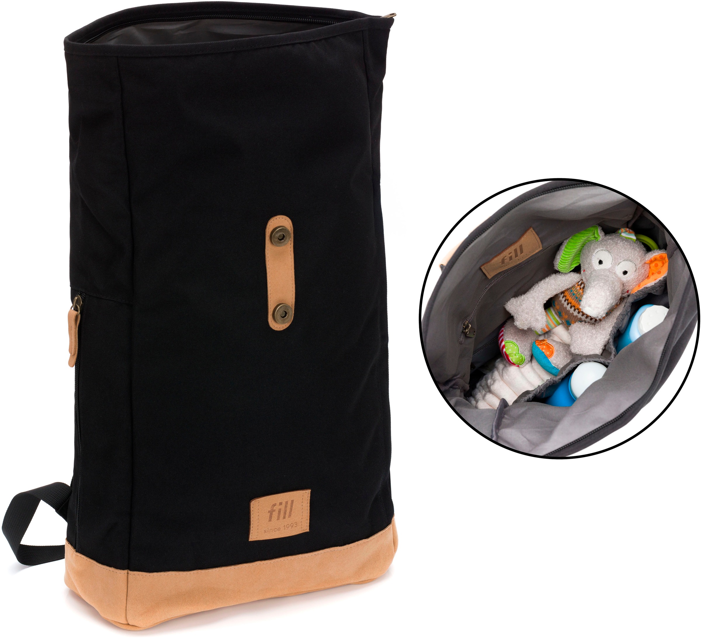 Fillikid Wickelrucksack »Rolltop Berlin schwarz« Reflektoren inkl. Wickeltunterlage