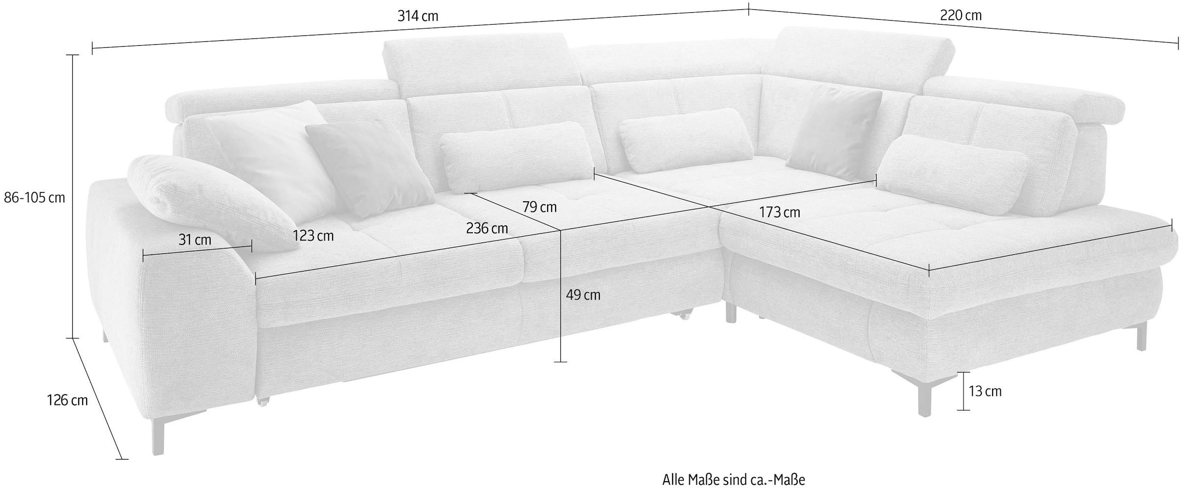 set one by Musterring Ecksofa »SO 3400 Sitzhöhe 47cm oder 49cm, Sitztiefe verstellbar, B/T 317/220 cm«, Kaltschaumpolsterung, Flachgewebe, whlw. mit weiteren Funktionen