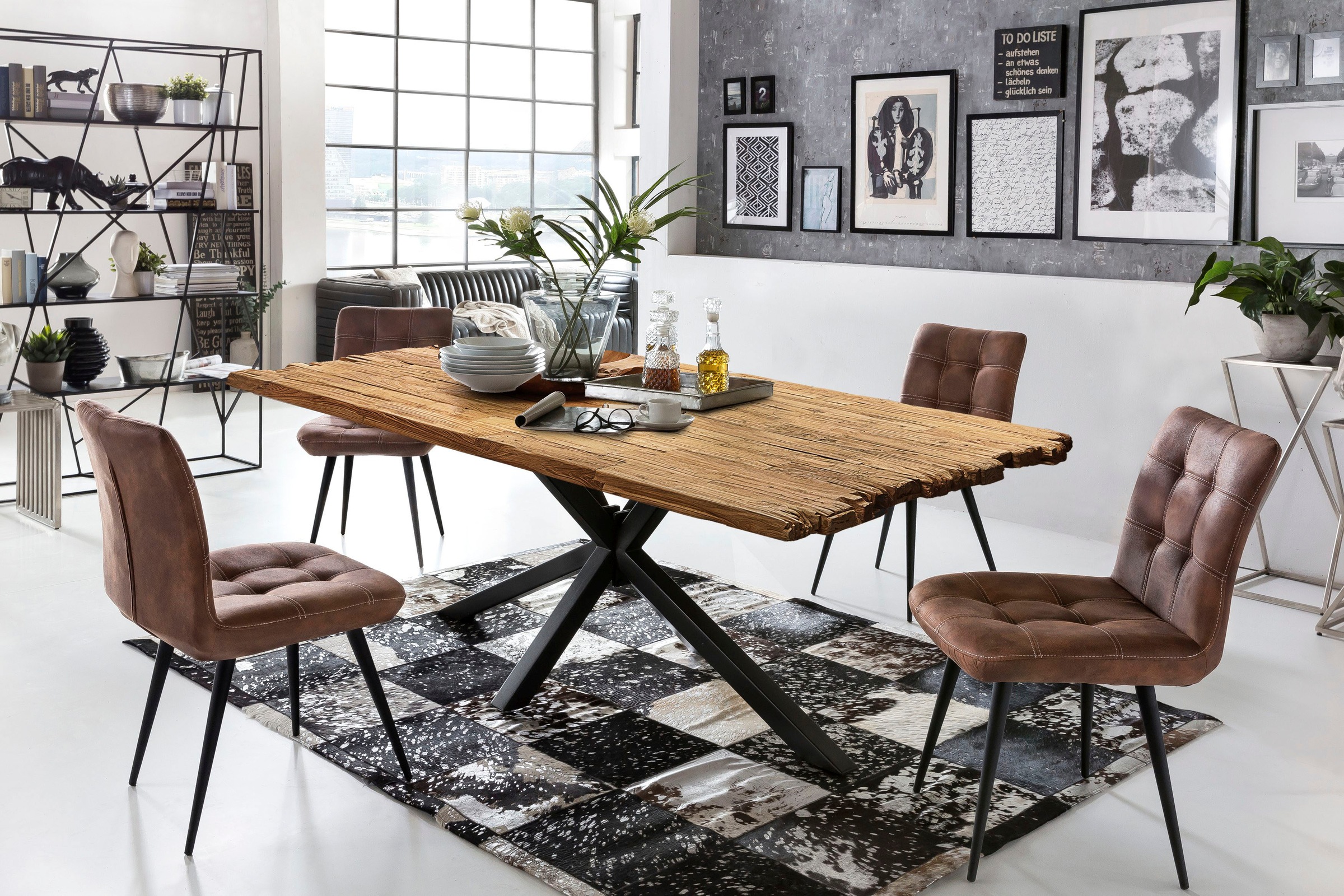 Esstisch SIT, beige (natur, antikschwarz, antikschwarz, natur), B:220cm H:79cm T:100cm, Platte recyceltes Teak, Gestell Metall, Tische, Esstisch, Platte aus recyceltem Teak 3