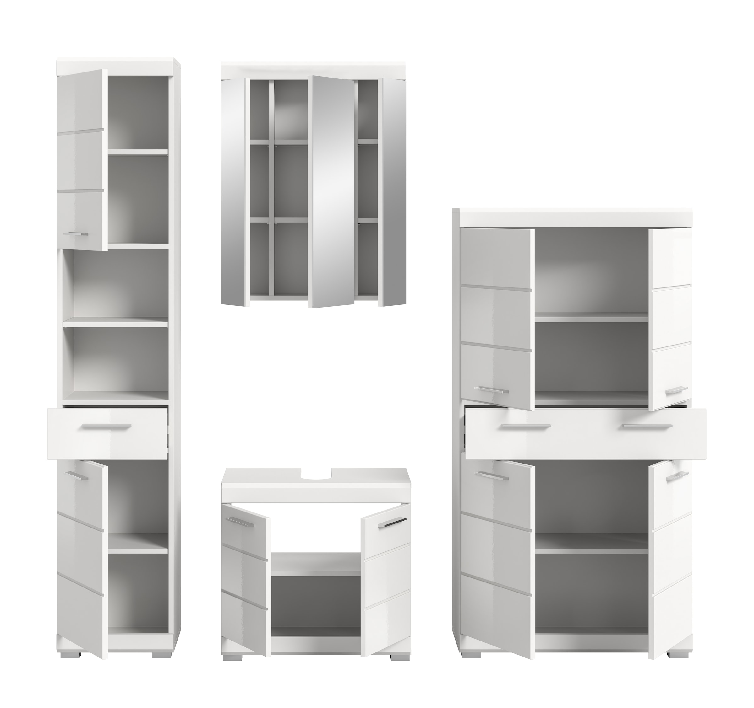 INOSIGN Badmöbel-Set »Siena, 4 teilig, bestehend aus:«, (Set), Hochschrank, Waschbeckenunterschrank, Spiegelschrank, Midischrank