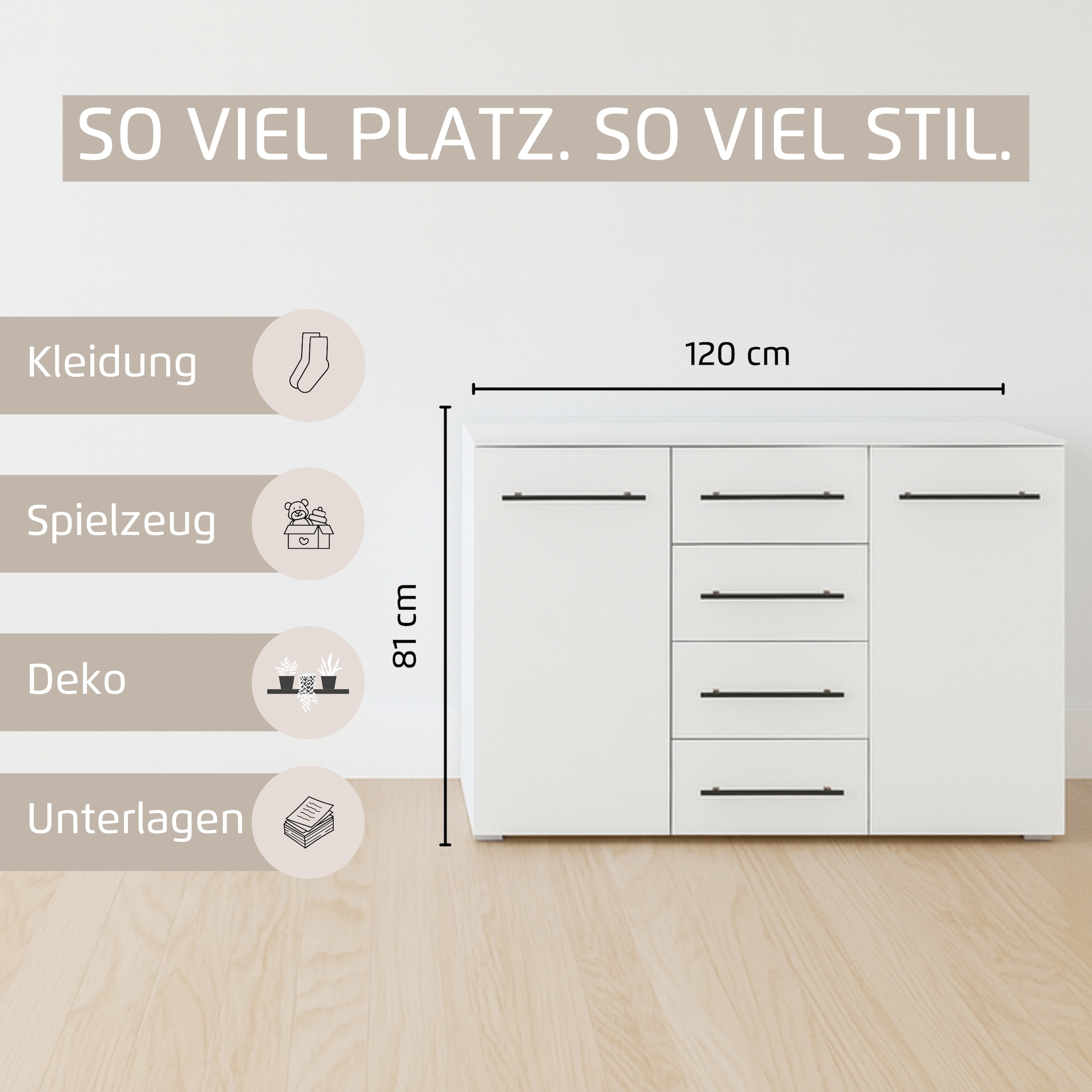 rauch Kombikommode »Sideboard Schubladenkommode AVOLA mit Dekorfront«, (Breite 120 cm inkl. Soft-Close-Funktion), vier große Schubladen und 2 Türen, mit 4 Einlegeböden MADE IN GERMANY